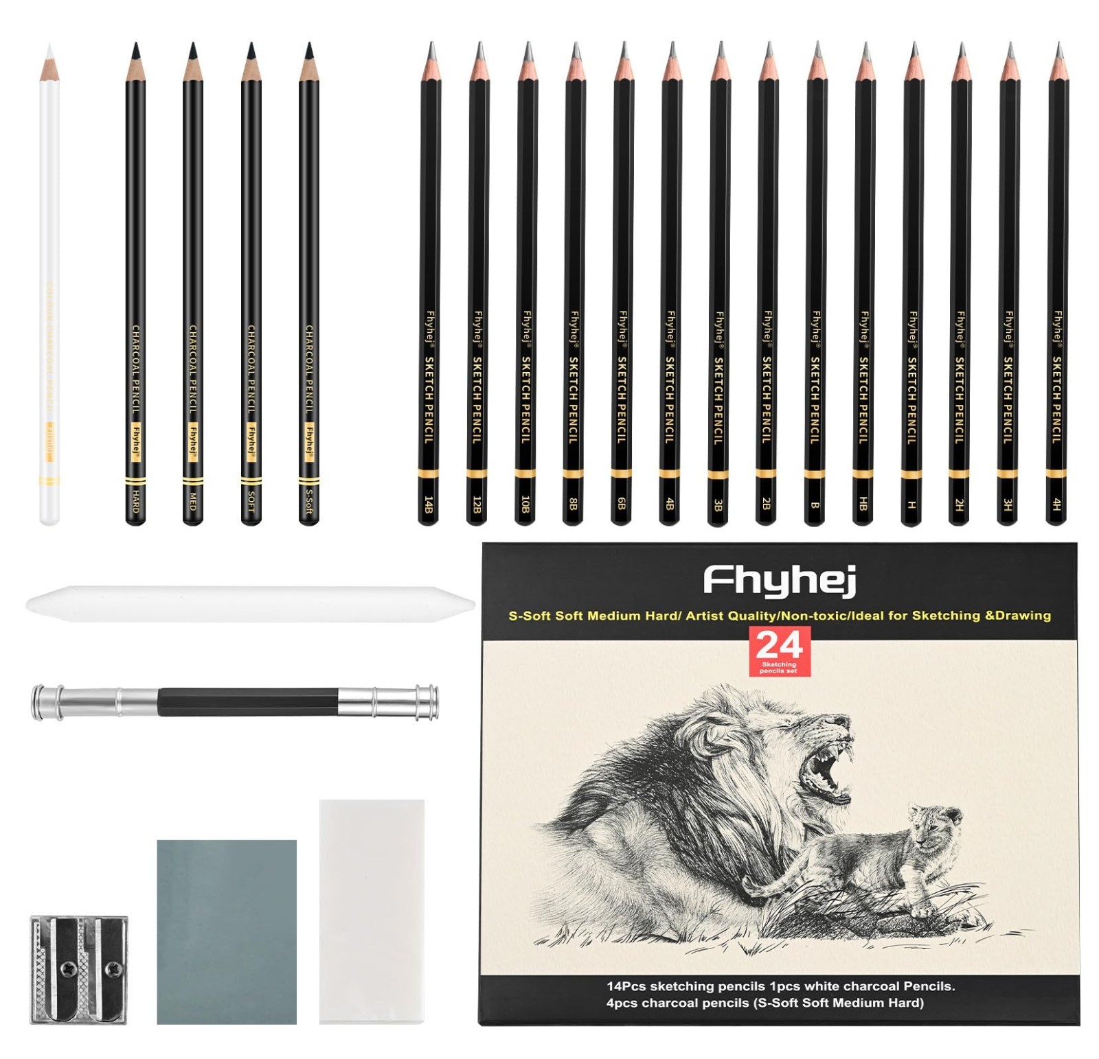 24-Piece Drawing Pencil Set - 14 Graphite Sketch Pencils (14B-4H), 4 Black