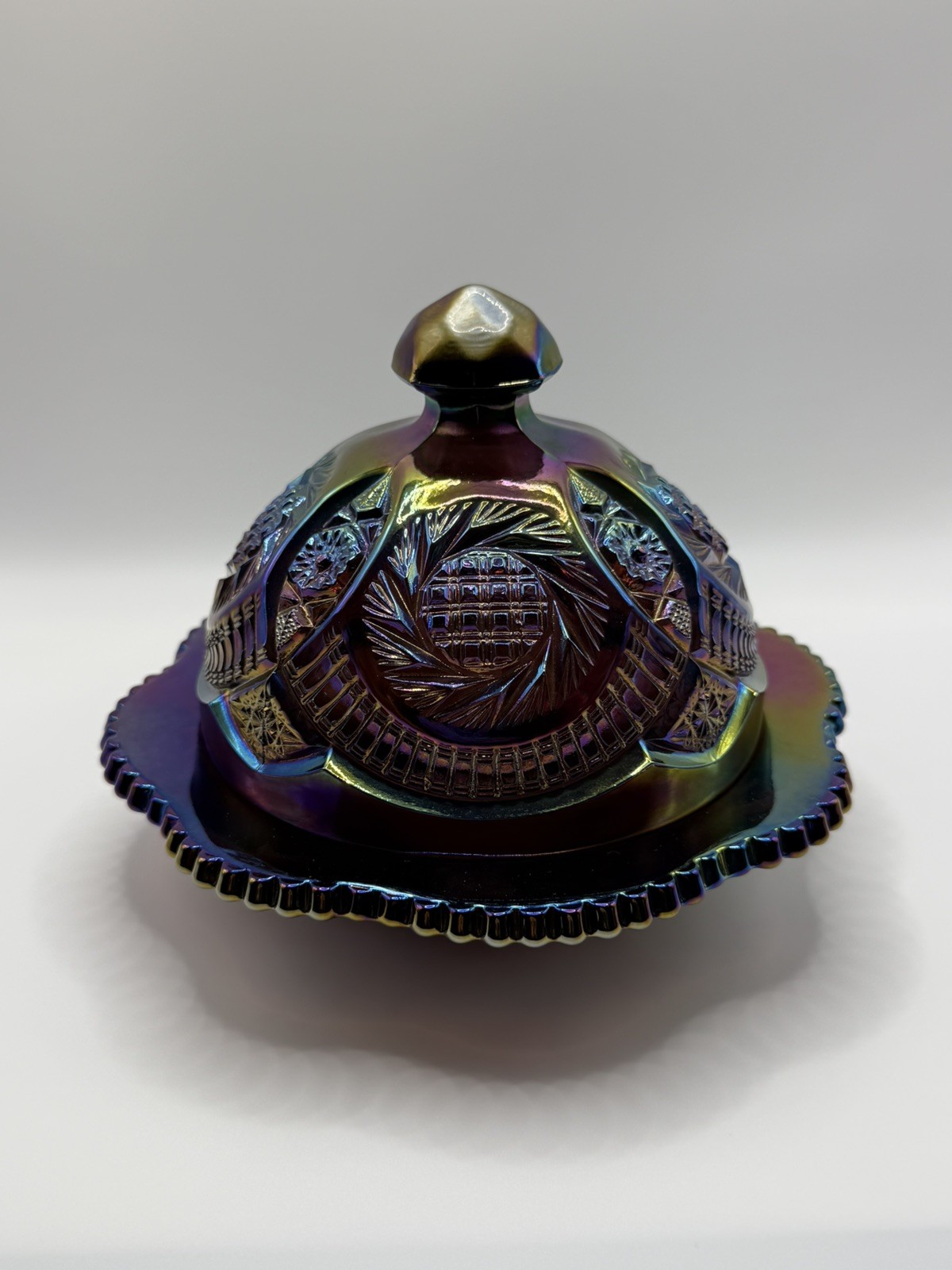 VTG LE Smith Amethyst Carnival Glass Dome Butter Dish Aztec Pinwheel Hobstar S