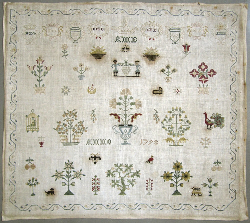 1798 ANTIQUE DUTCH NEEDLEWORK CROSS STITCH SAMPLER FLOWERS BIRDS CROWN