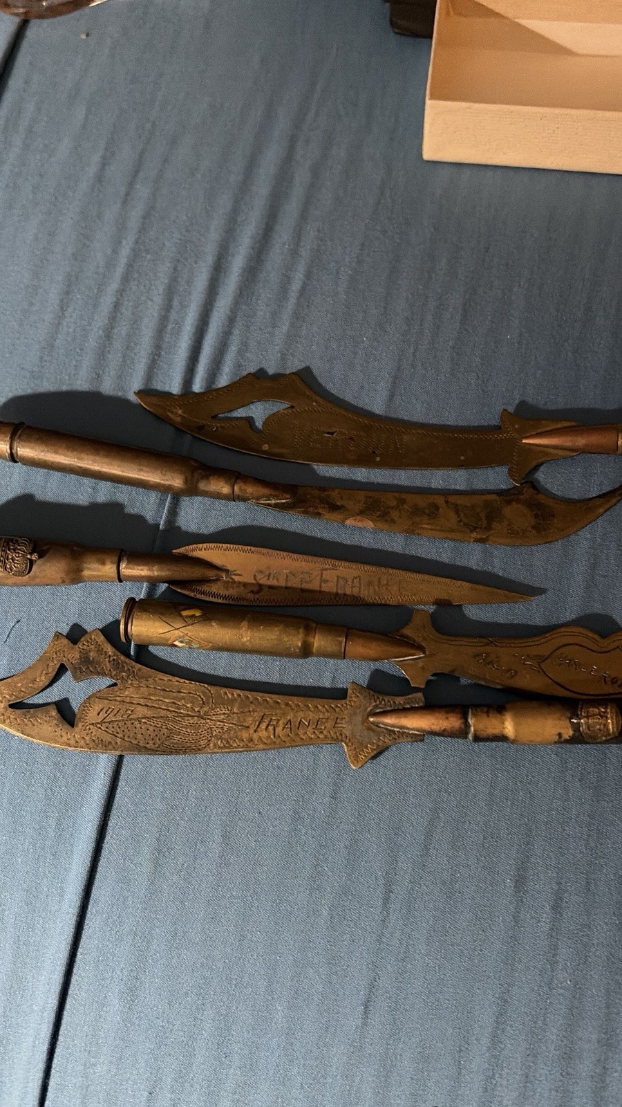  Five Rare Handmade Bullet Trench, Art Letter Openers WW I France 1914-1918  Five Rare Handmade Bullet Trench, Art Letter Openers WW I France 1914-1918