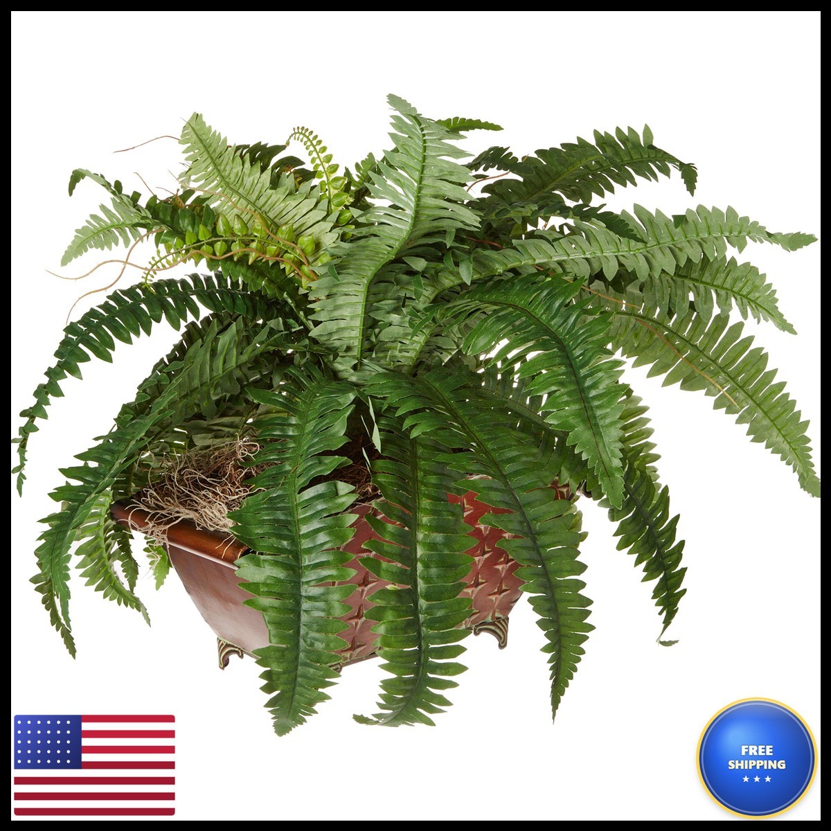 Nearly Natural Boston Fern in Metallic Planter
