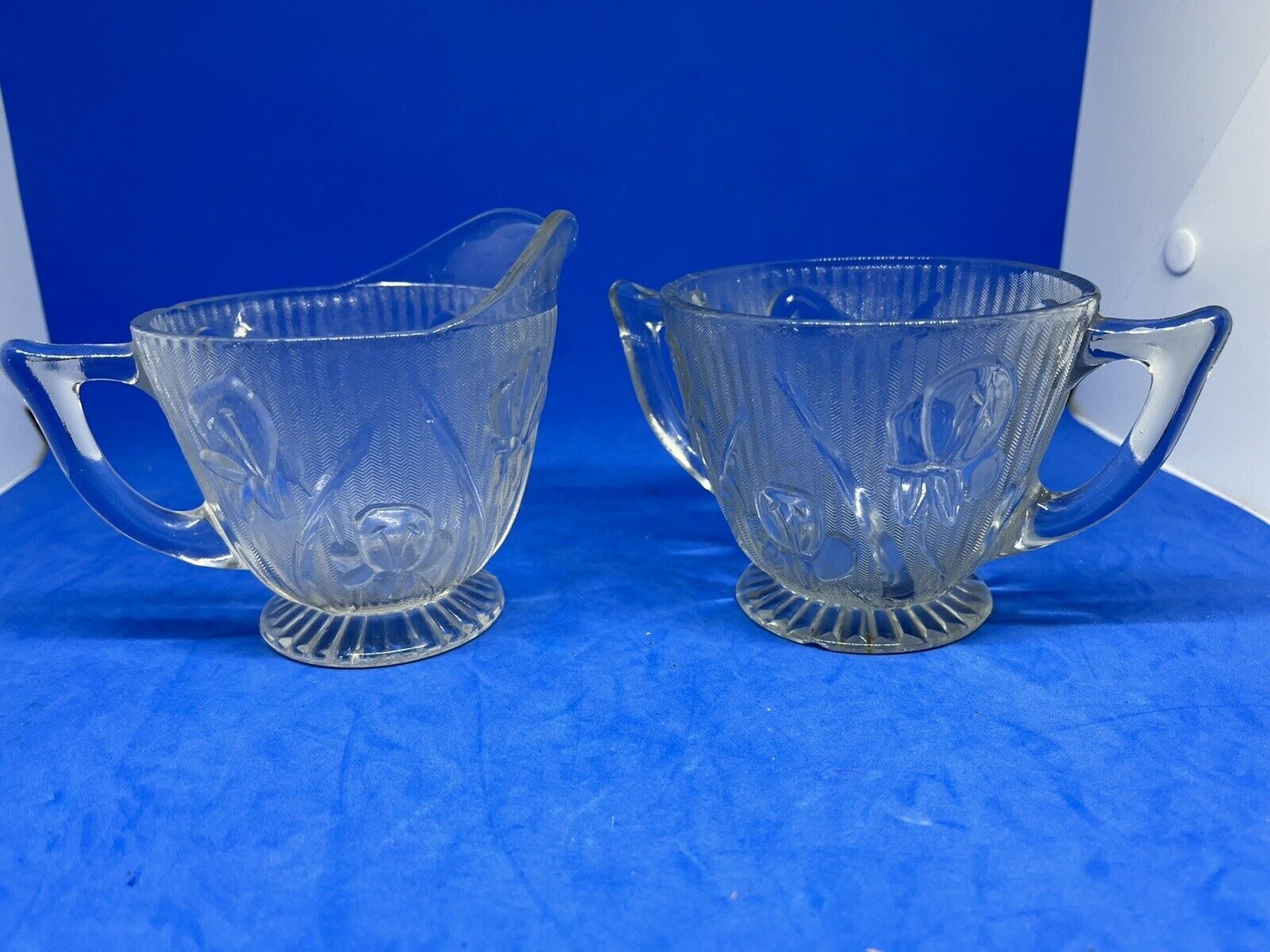Vintage  Jeannette Iris and Herringbone Crystal Clear Glass Sugar Bowl and Cream