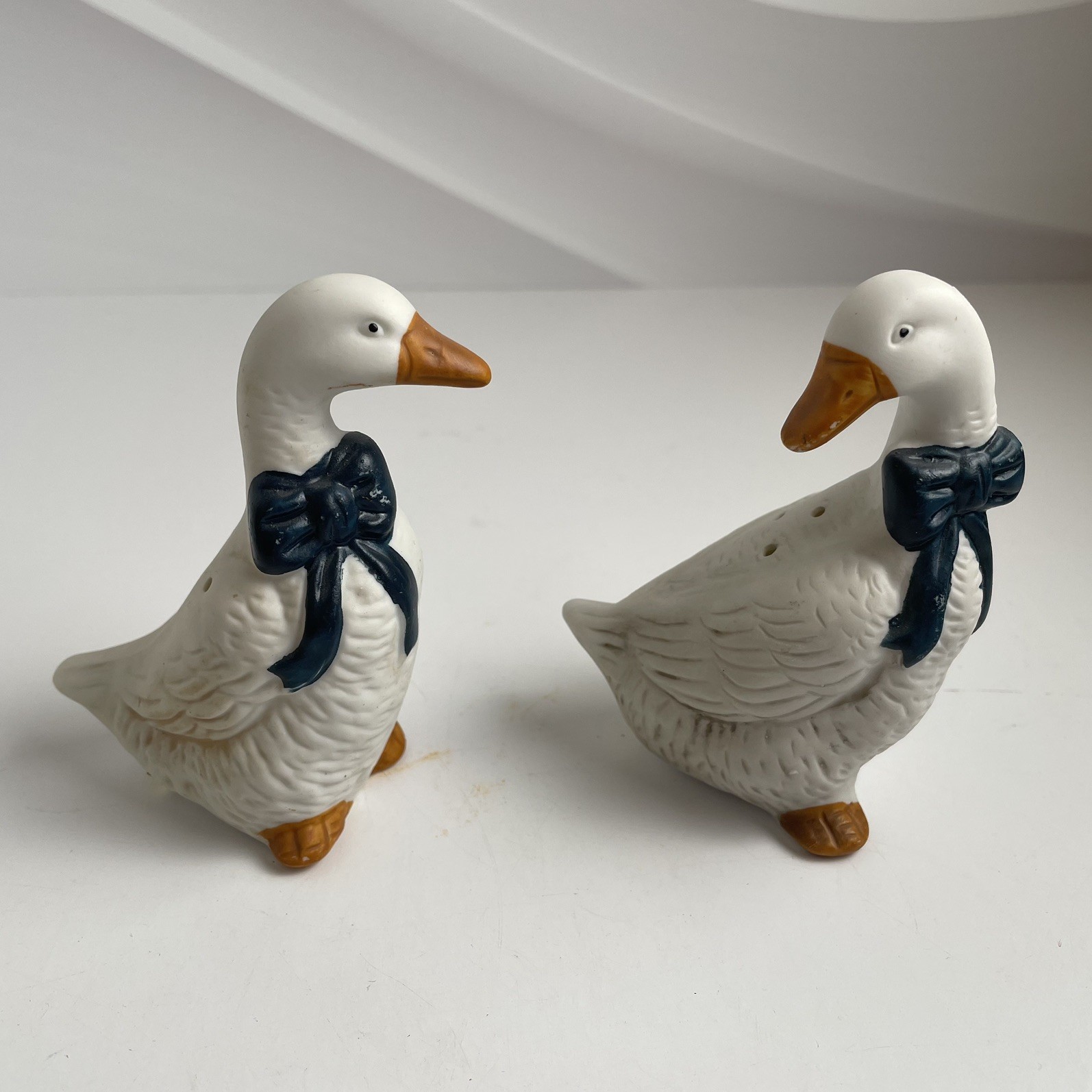 Vintage Geese Goose Salt & Pepper Shakers White Blue Ribbon Cottage Core 