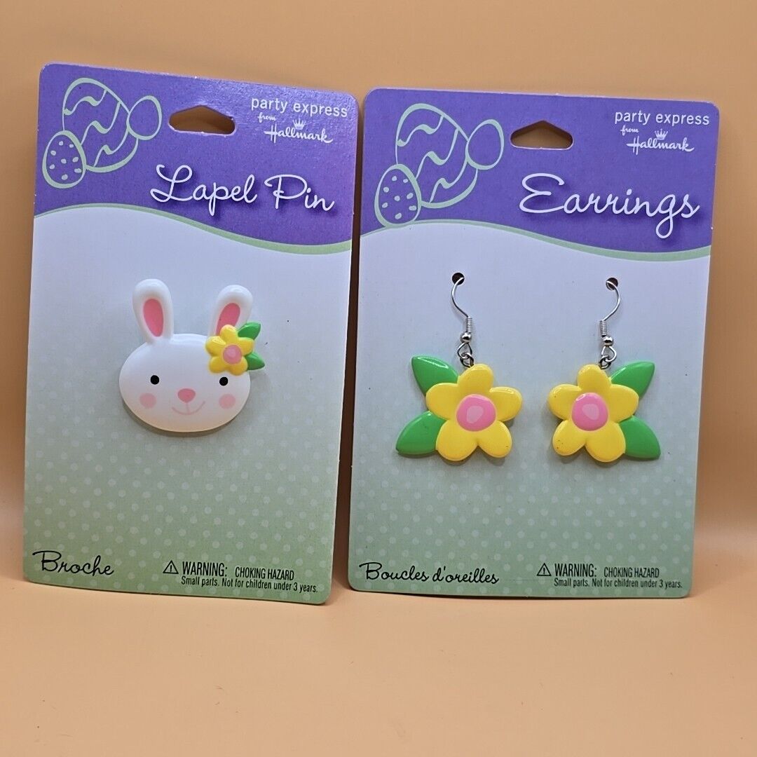 Set Hallmark Easter Spring Lapel Pin & Earrings Bunny Rabbit Flower On Card