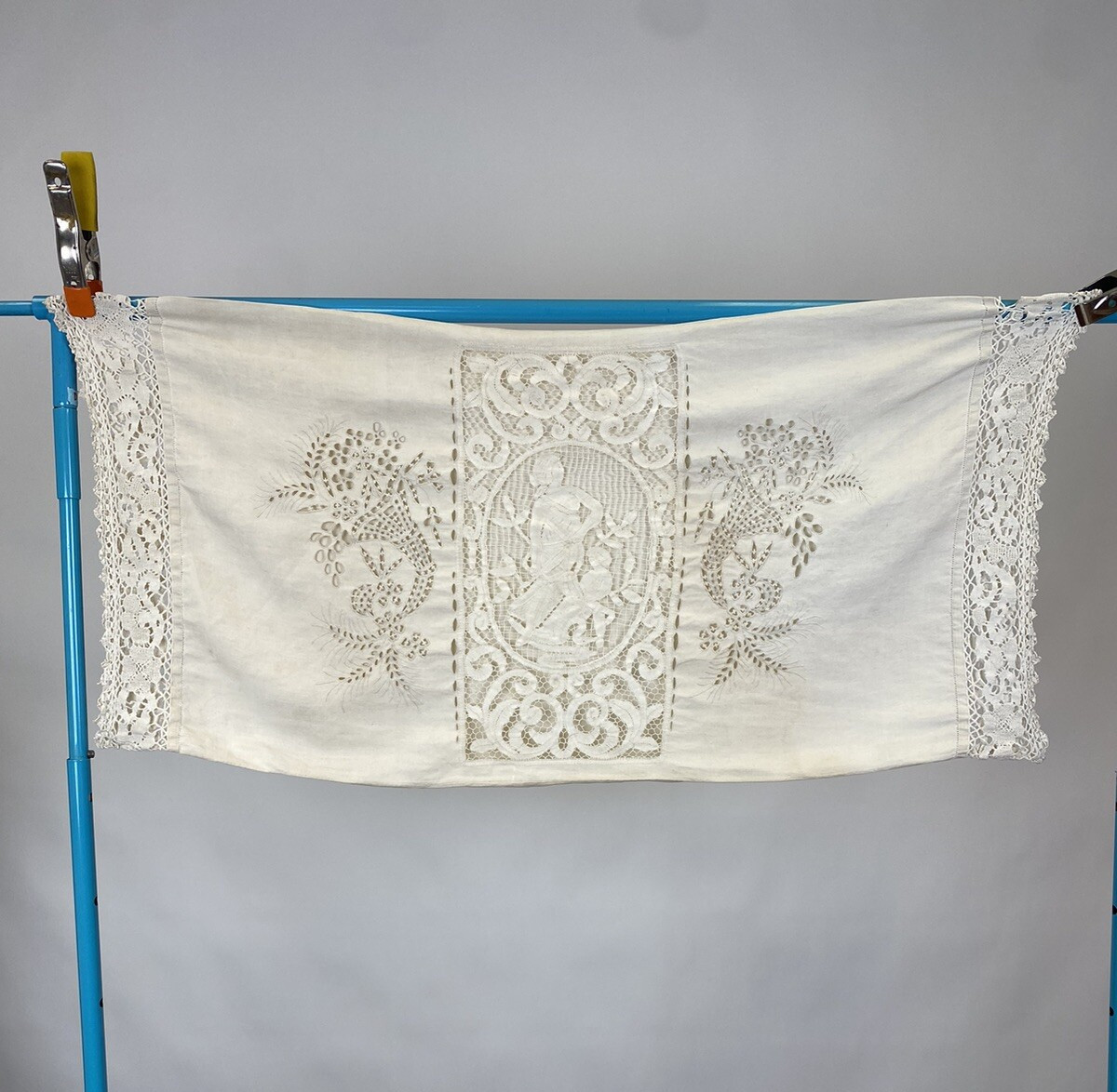 Antique Battenberg Intricate Lace Cherub Design Figure Pillow Case 44” x 21”