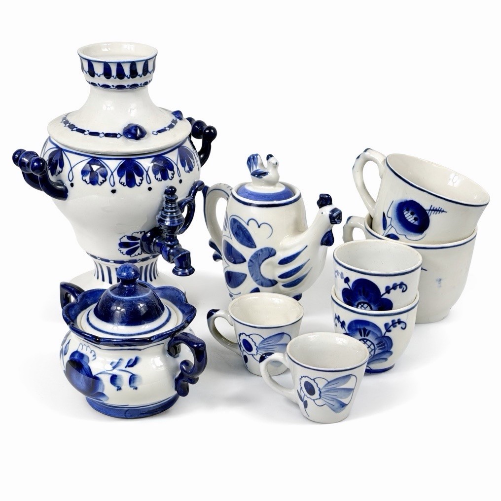 RARE Soviet USSR Gzhel Porcelain Tea Set 9pc Samovar Teapot Cups Hand Painted