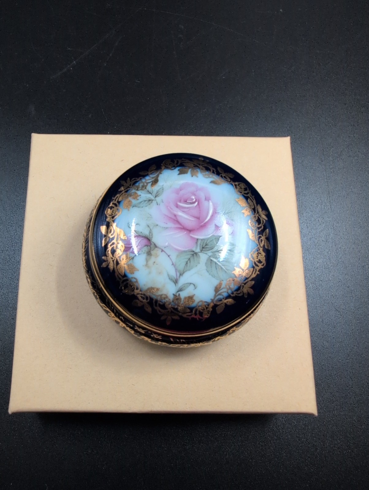 Vintage Limoges France Rehaussé Main Trinket Box Cobalt Blue Pink Rose Gold Trim