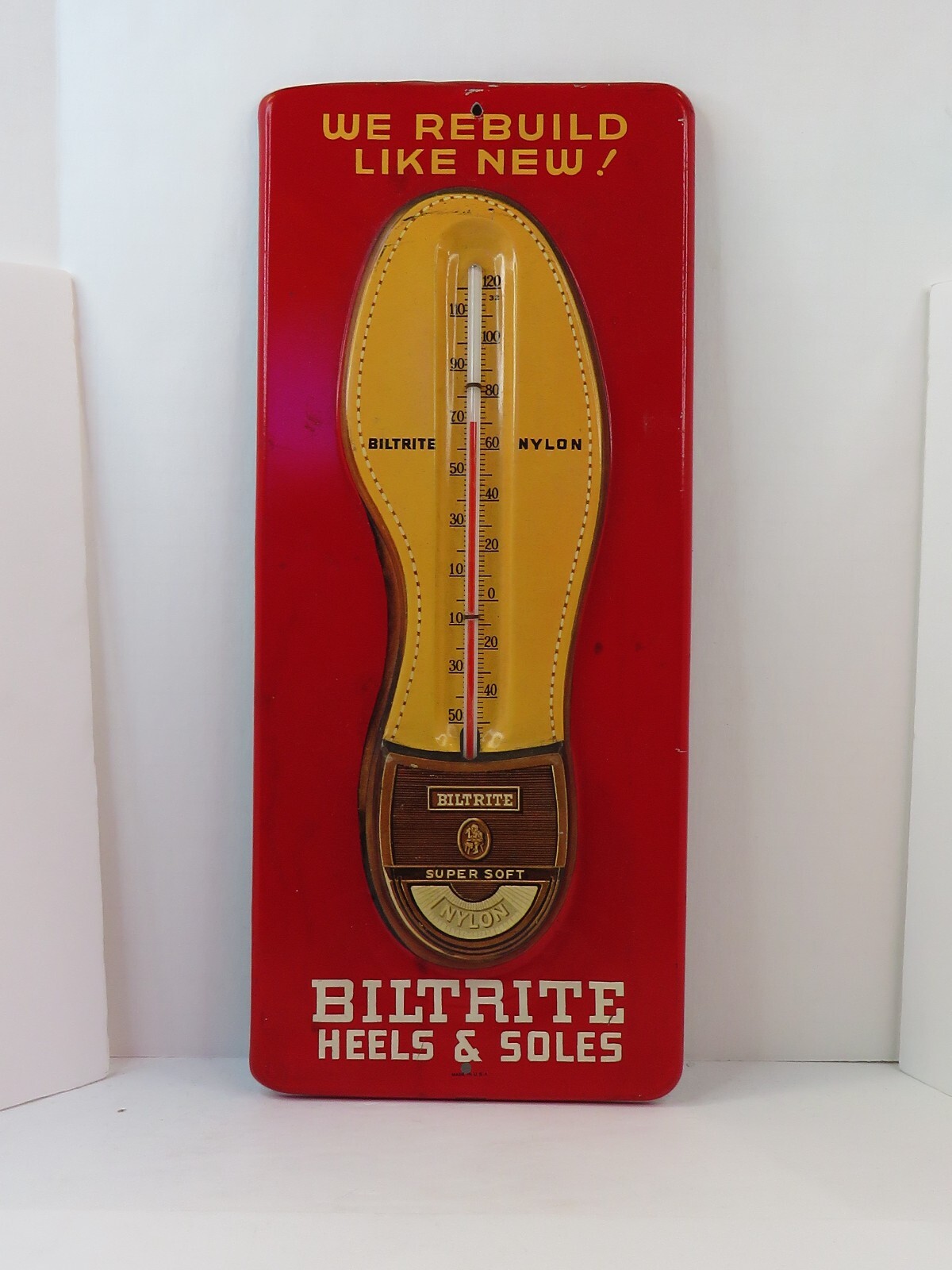 VINTAGE BILTRITE HEELS & SOLES THERMOMETER BY ROBERTSON SIGN CO. U.S.A.*