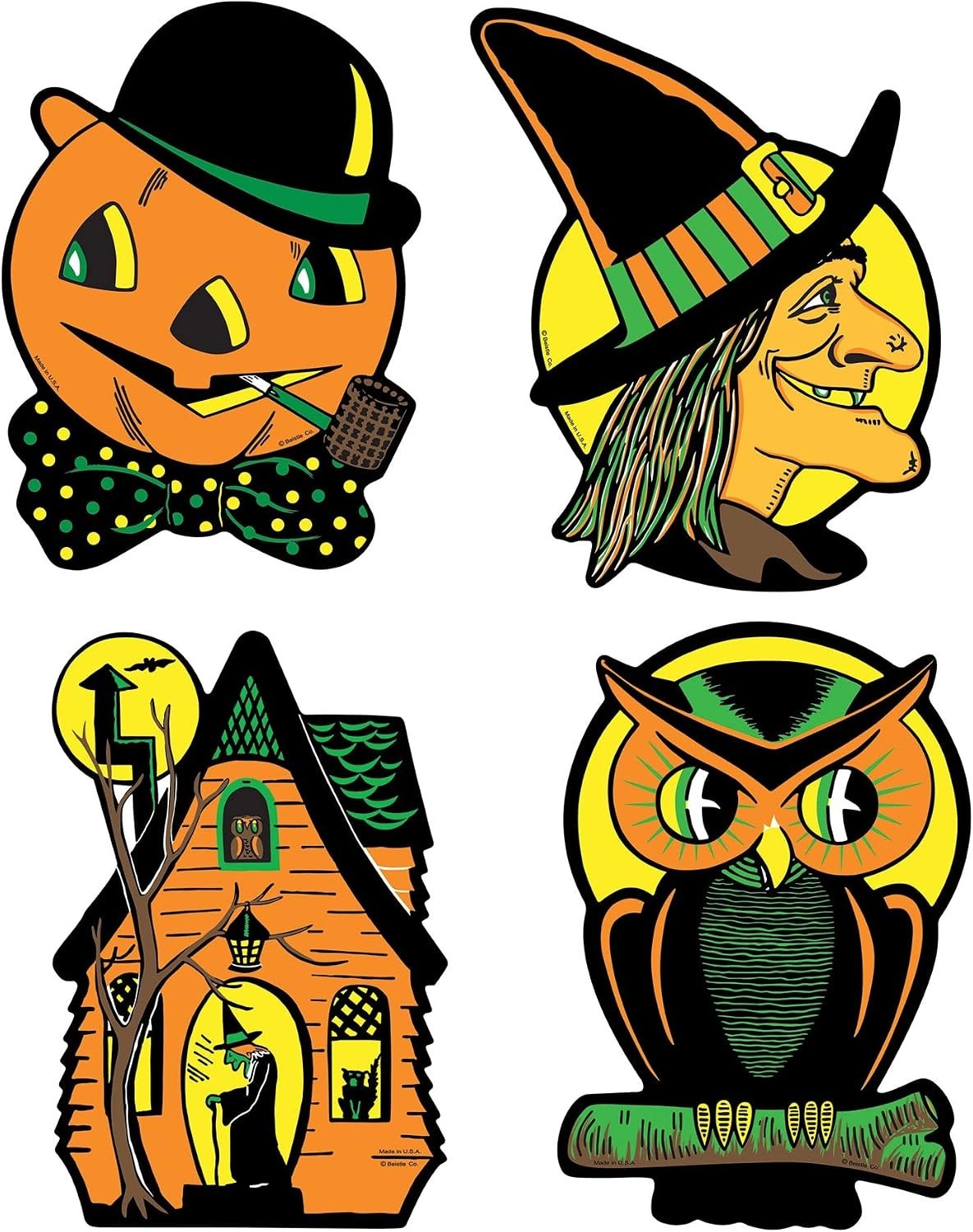 Beistle Vintage Halloween Cutouts 4 Count Double Sided Witch Pumpkin Cat Owl