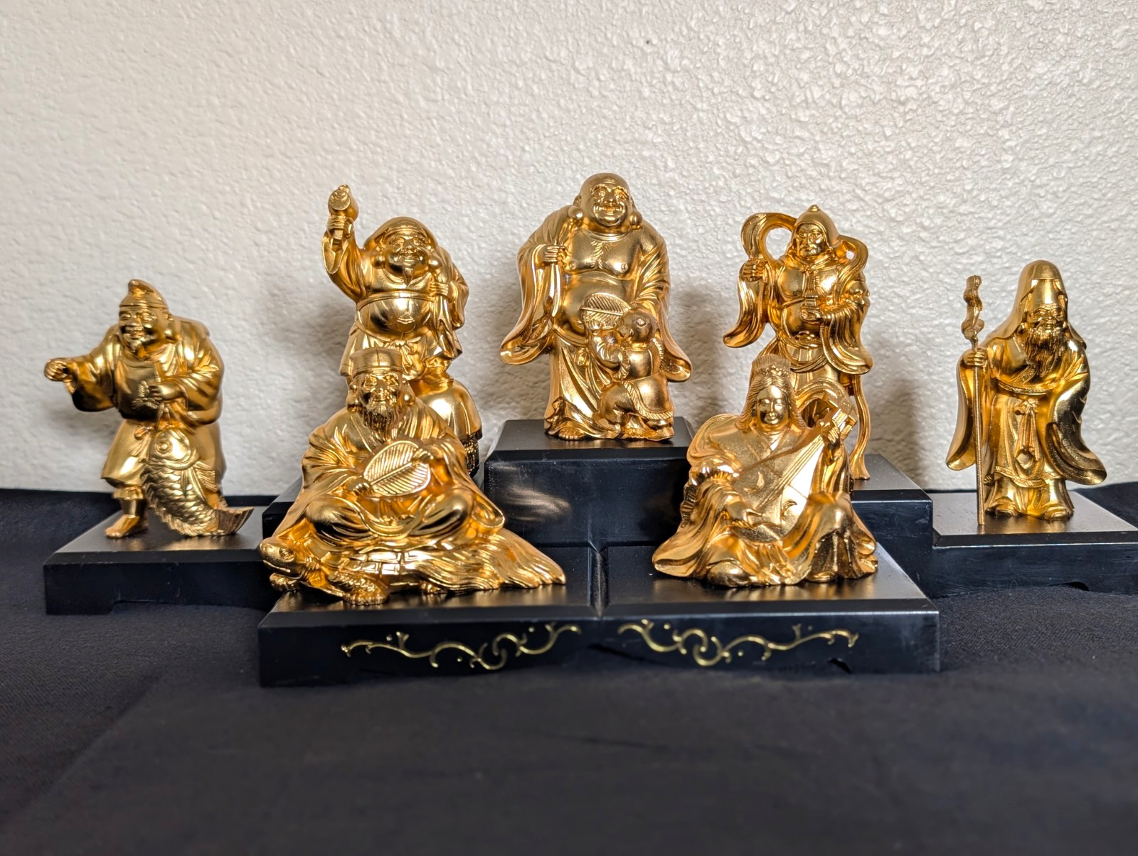24k Gold Plated Japanese Buddhist Statues Set 7 Lucky Gods Shichifukujin