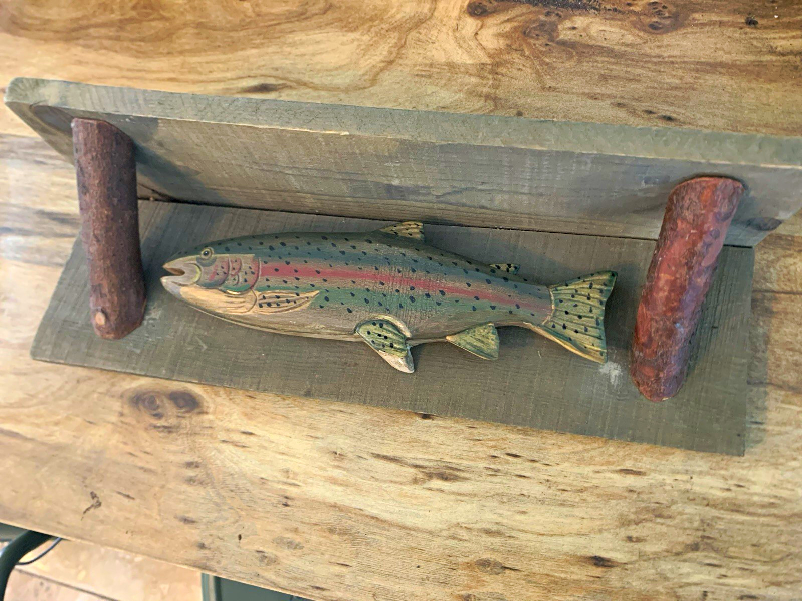 Vtg Hand-Carved & Painted Wooden Rainbow Trout Wall Shelf Rustic Cabin Decor