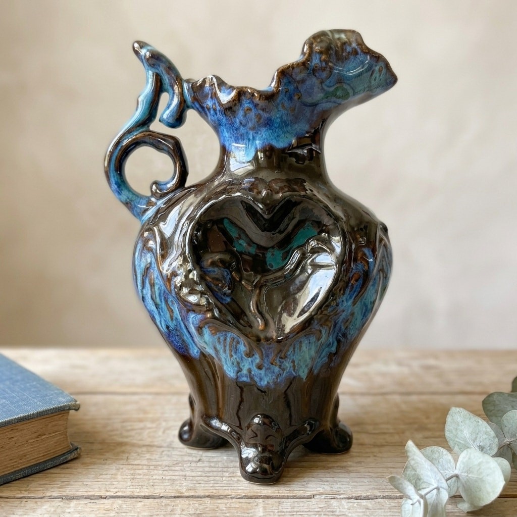 Vintage Art Pottery Pitcher Blue Brown Drip Glaze Heart Motif Ornate Footed Jug Vintage Art Pottery Pitcher Blue Brown Drip Glaze Heart Motif Ornate Footed Jug