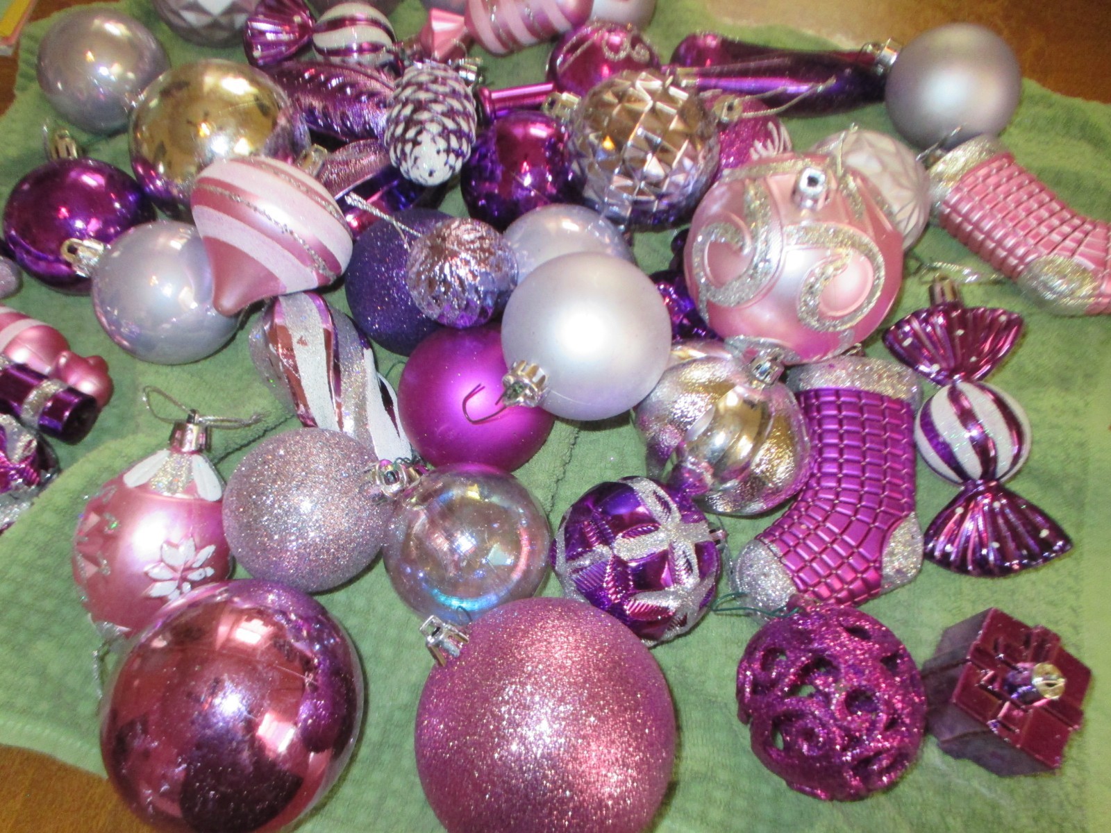 Lot 45 ornaments Purple Pink  Christmas Tree Ornaments Glittery Shatterproof