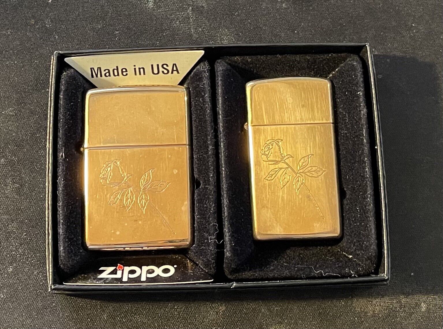 Zippo Gift Set 2 Gold Color Rose Design 1998 Collectbale Item Copper