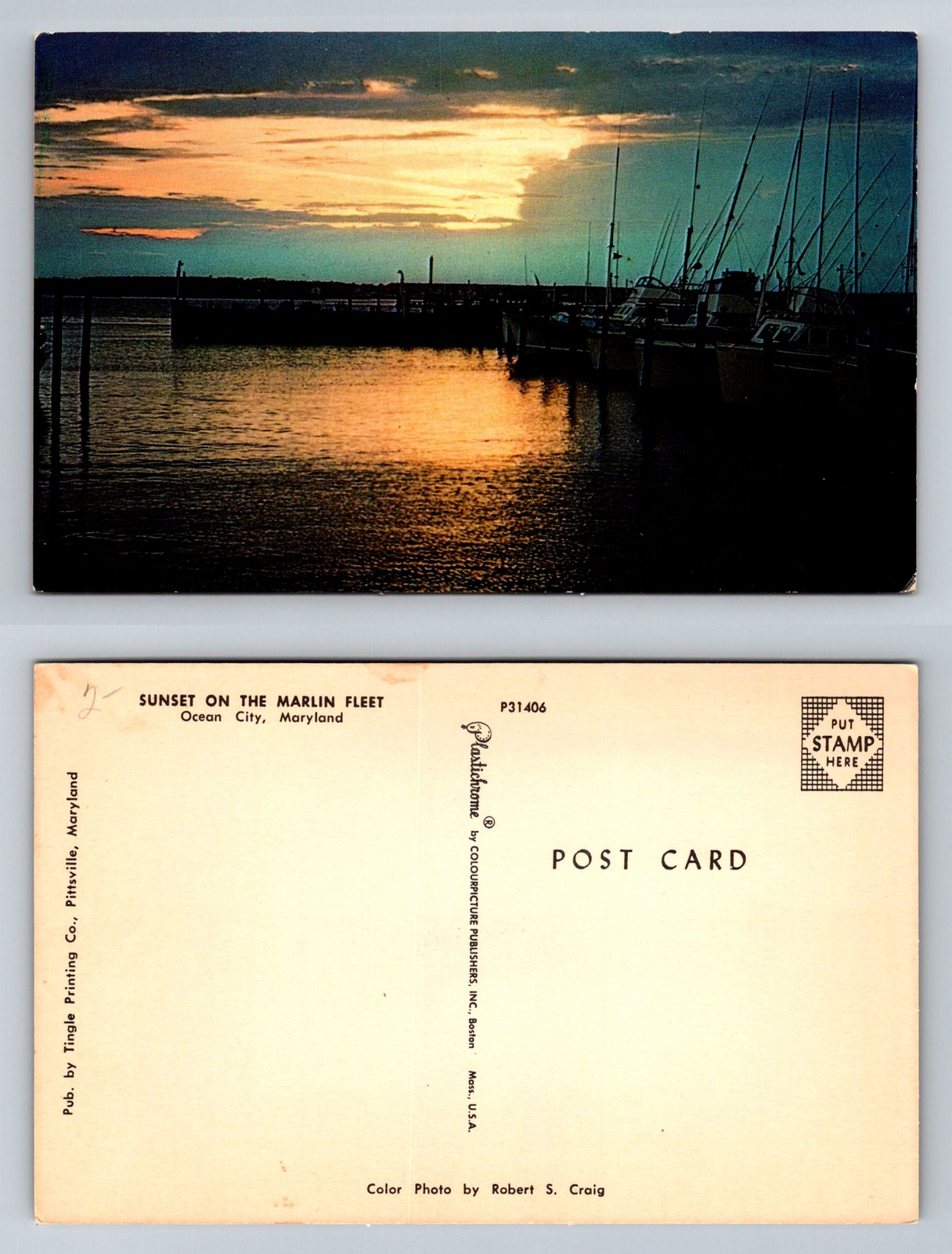 Ocean City, MD-Maryland, Marlin Fleet Sunset Harbor Vintage Postcard