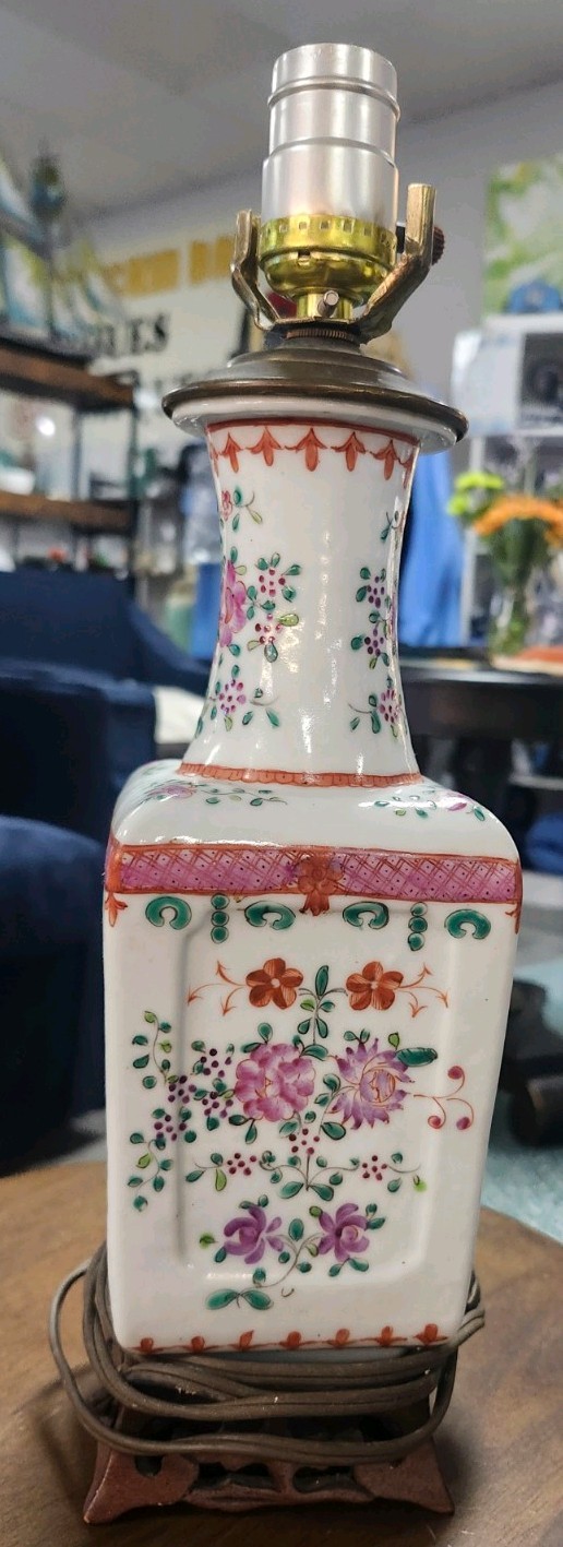 Rare Antique Chinese Famille Rose Porcelain Lamp Hand Painted Wood Base CHINA