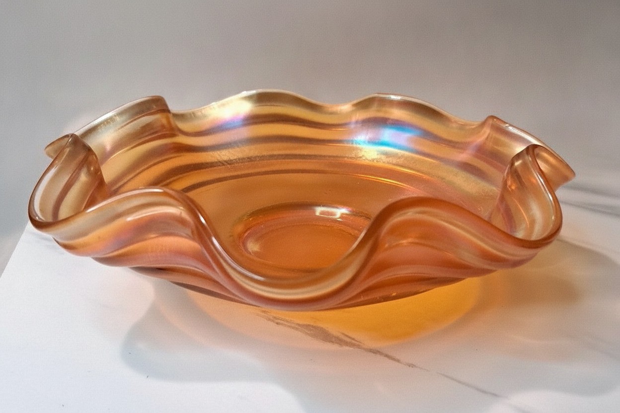 Vintage Marigold Orange Iridescent Carnival Glass Footed Ruffled Bowl 7\