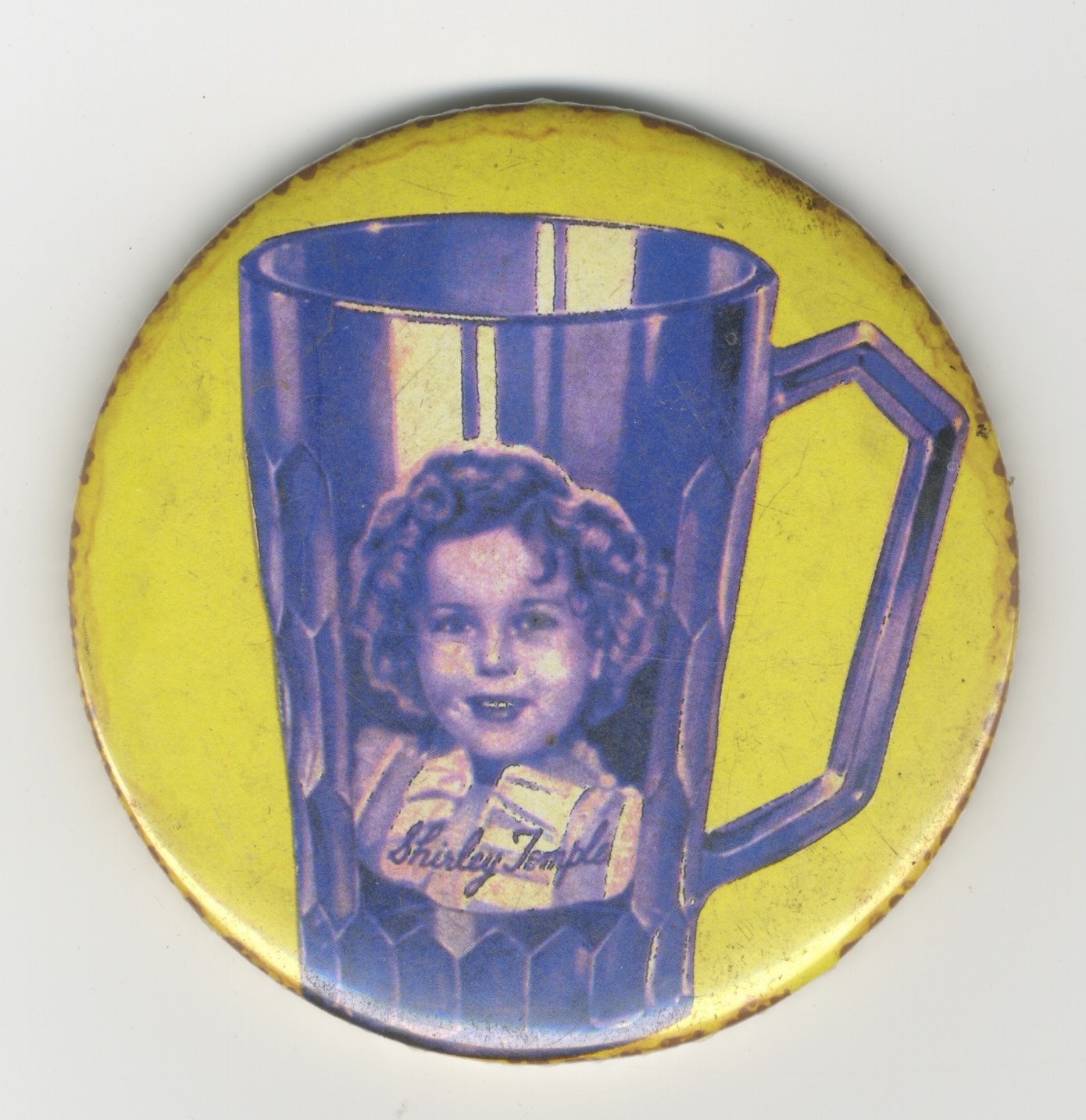 Shirley Temple Pin Badge Blue Depression Glass Pitcher 3 inch diameter Rare