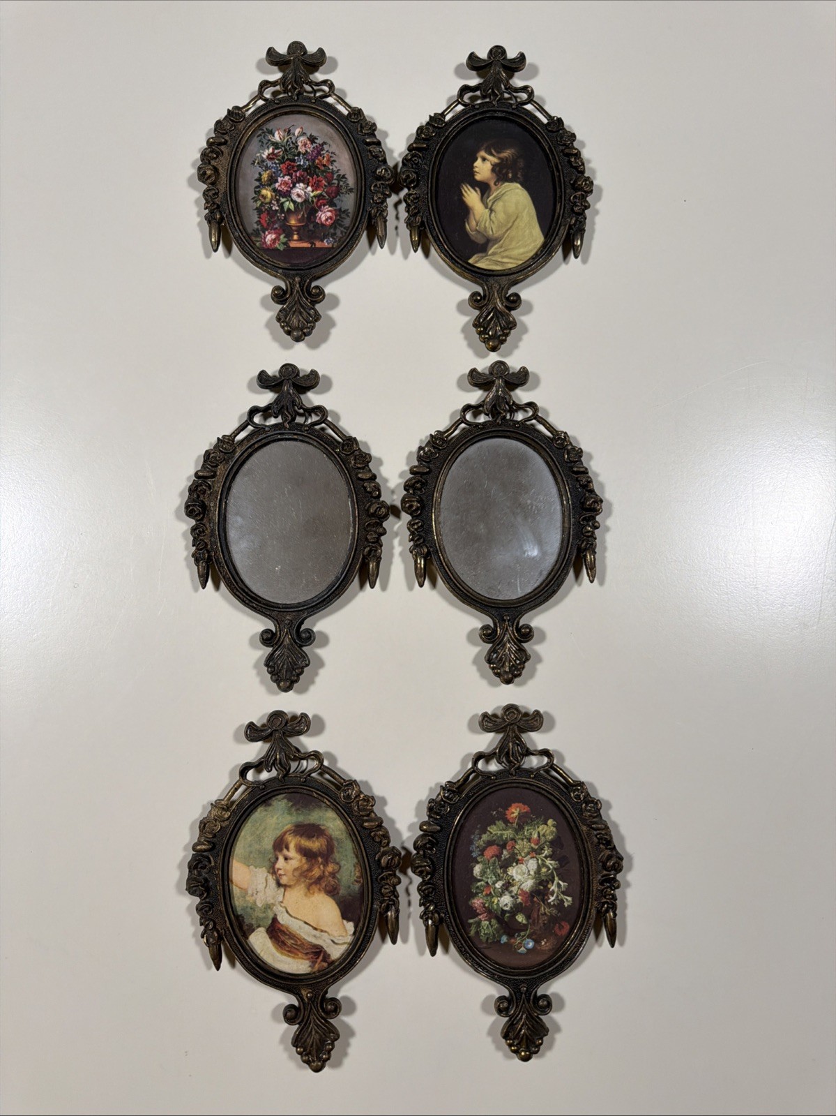 6 Italian Ornate Metal Framed Wall Set Vintage Mirrored Floral Print +1 Extra