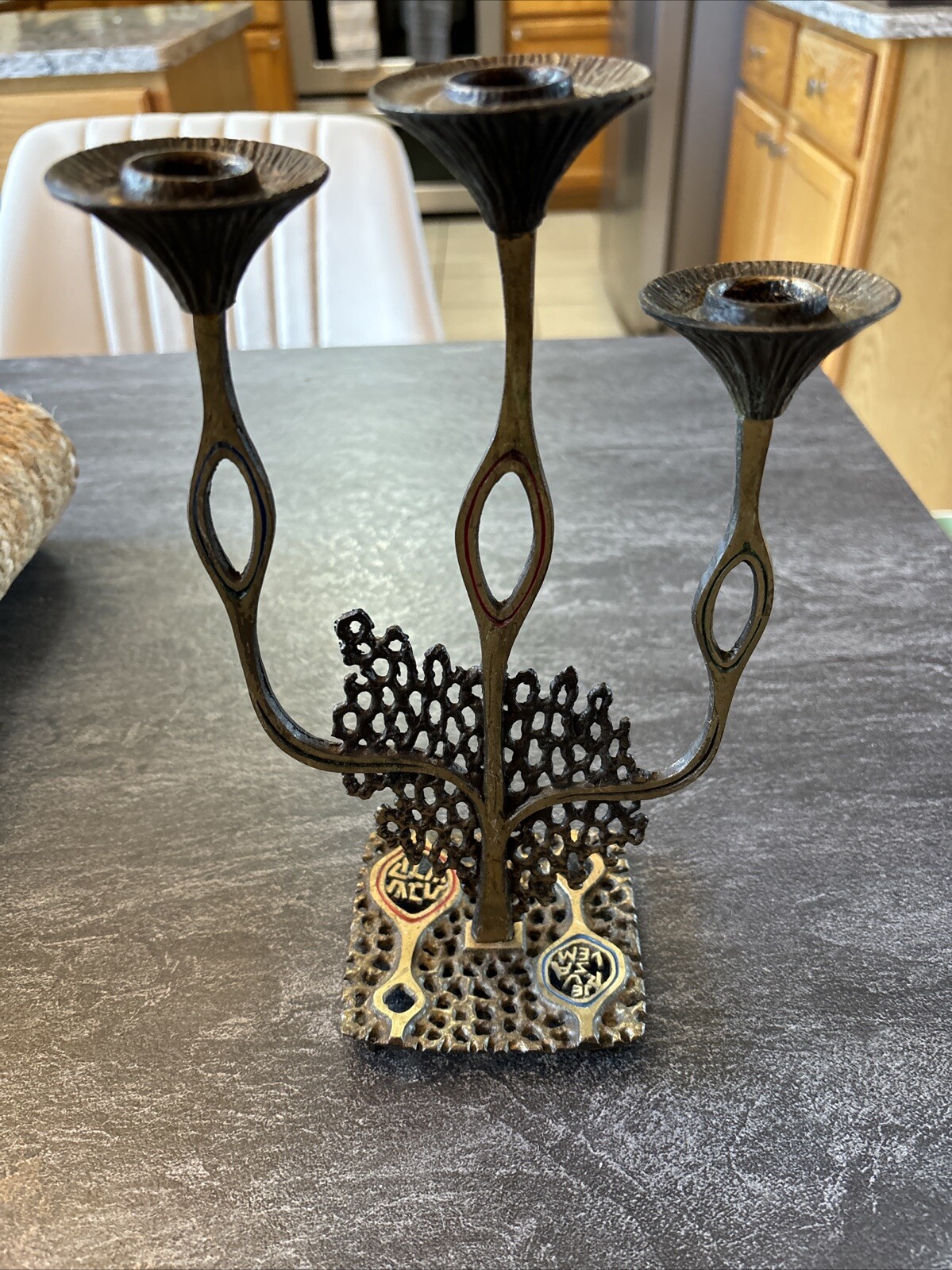 Solid Brass Hen Holon Dayagi Shabbat 3-Candlestick Holder Judaica Israel #BB