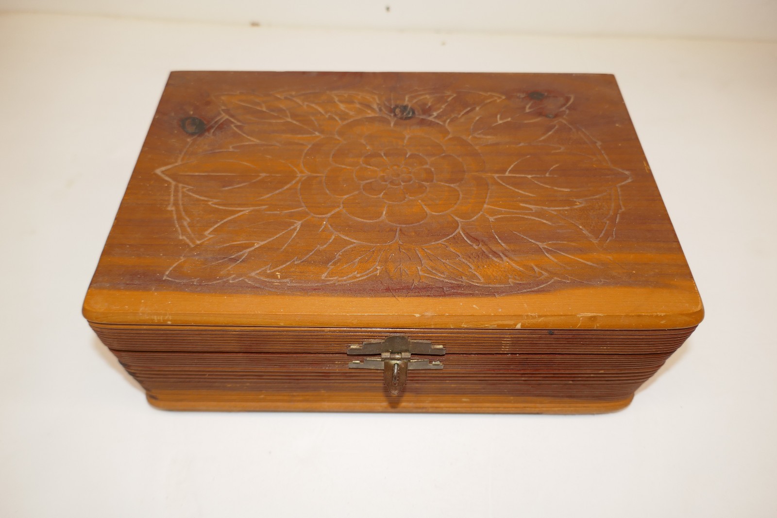 VTG  Cedar Chest Jewelry Box  - Has flower Carved into top Shows Minor Wear