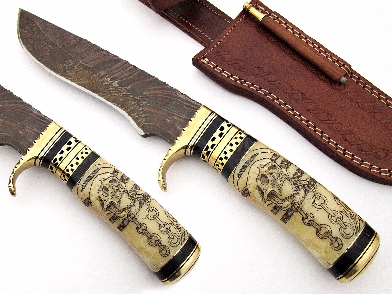 CUSTOM HAND MADE DAMASCUS STEEL FIX BLADE BOWING KNIFE(13.50”OVERALL).