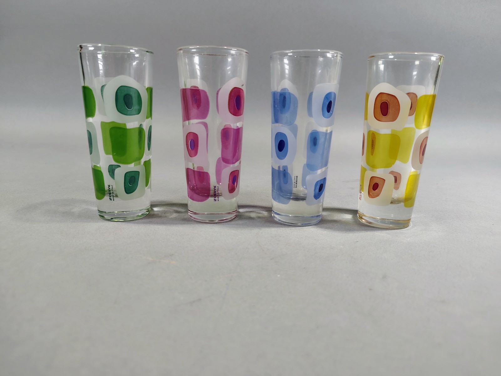 Vintage MCM Cerve Multicolor Geometric Painted Tall Shot Glasses Set Of 4 Italy Vintage MCM Cerve Multicolor Geometric Painted Tall Shot Glasses Set Of 4 Italy