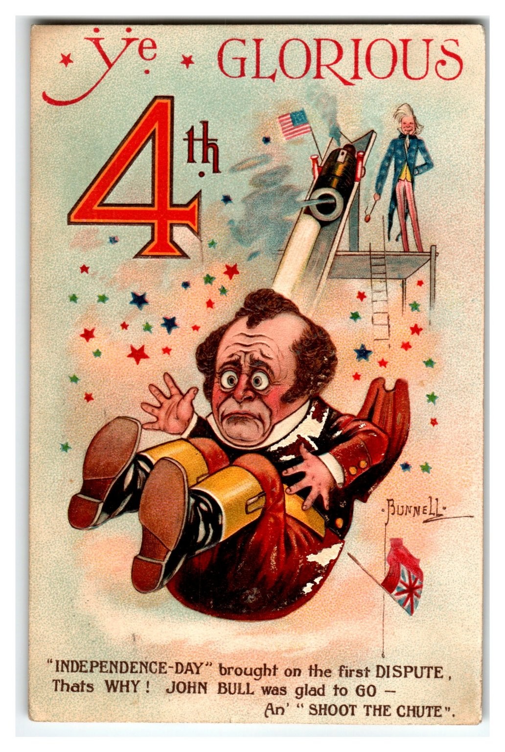 1909 Ye Glorious 4th John Bull Shoot the Chute Political Cartoon Postcard 1909 Ye Glorious 4th John Bull Shoot the Chute Political Cartoon Postcard