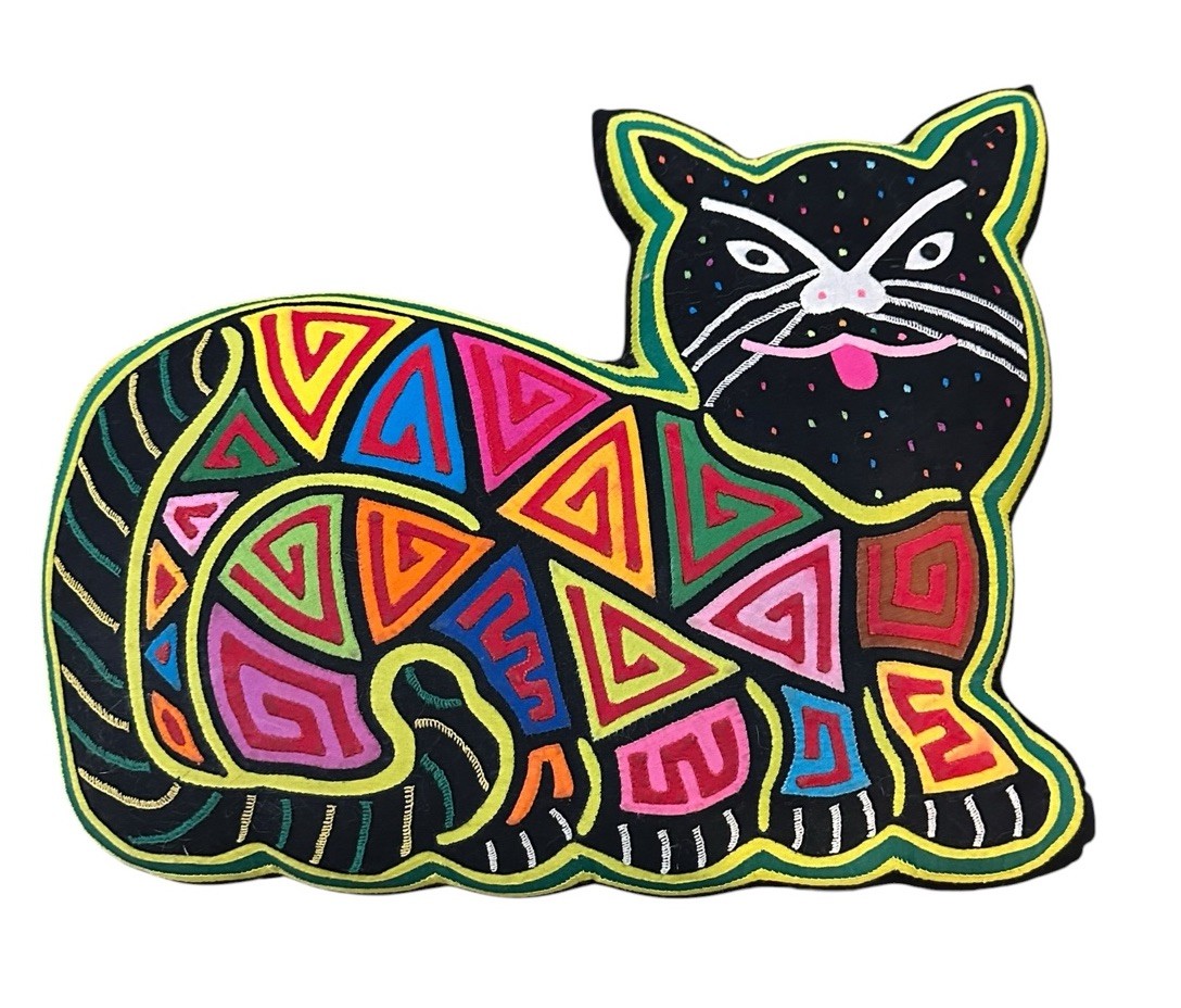 Hand Made Mola Kuna Black Cat Pillow Multicolor