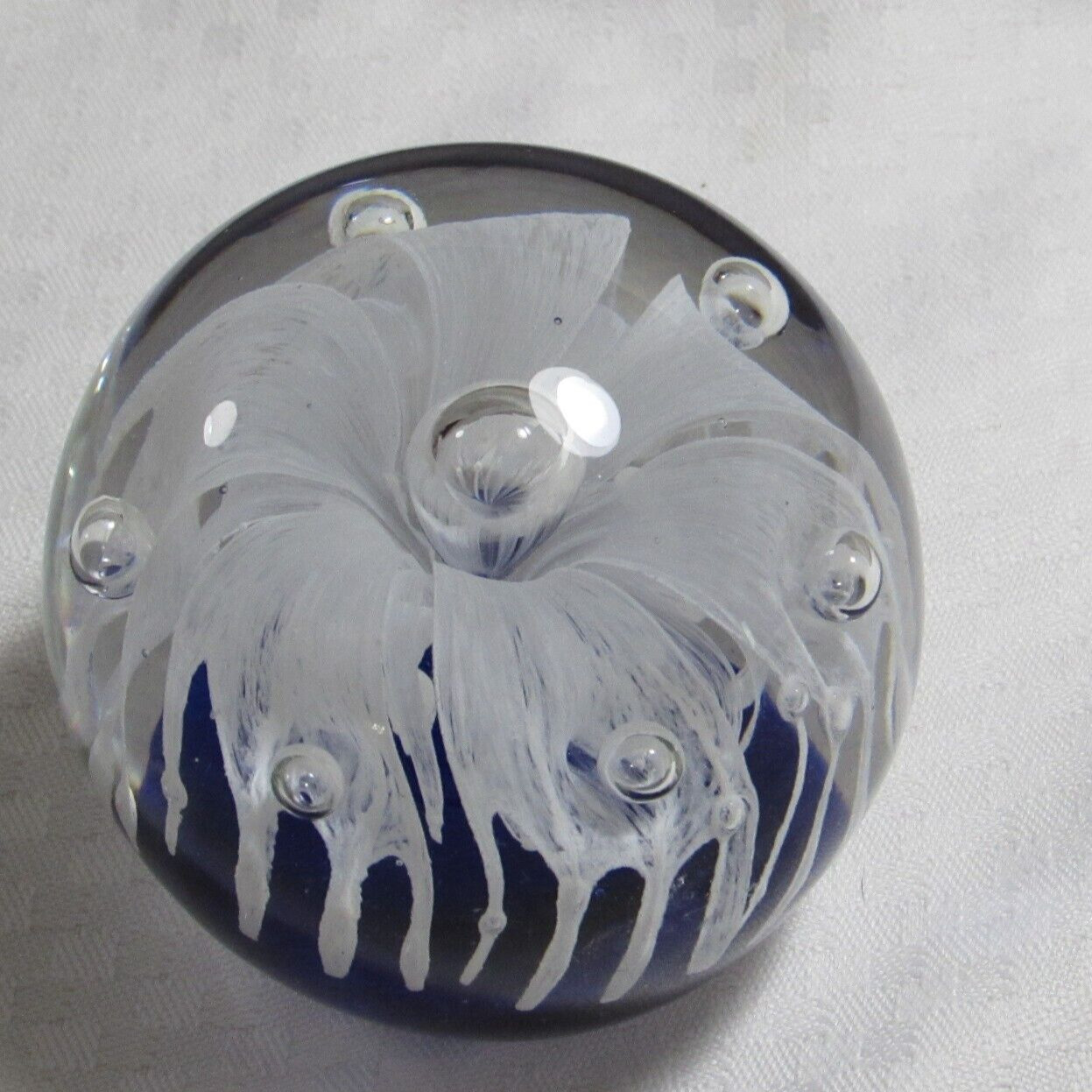 Cobalt Blue Clear Paperweight White Flower Controlled Bubbles Cobalt Blue Clear Paperweight White Flower Controlled Bubbles