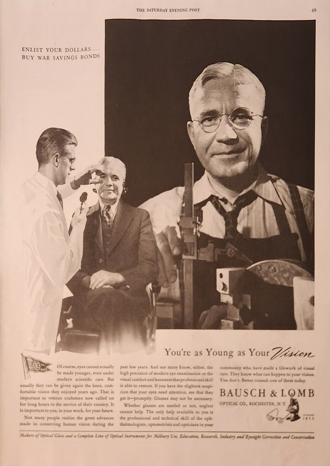 1944 Bausch & Lomb Optical Vintage Ad you\'re as young as your vision