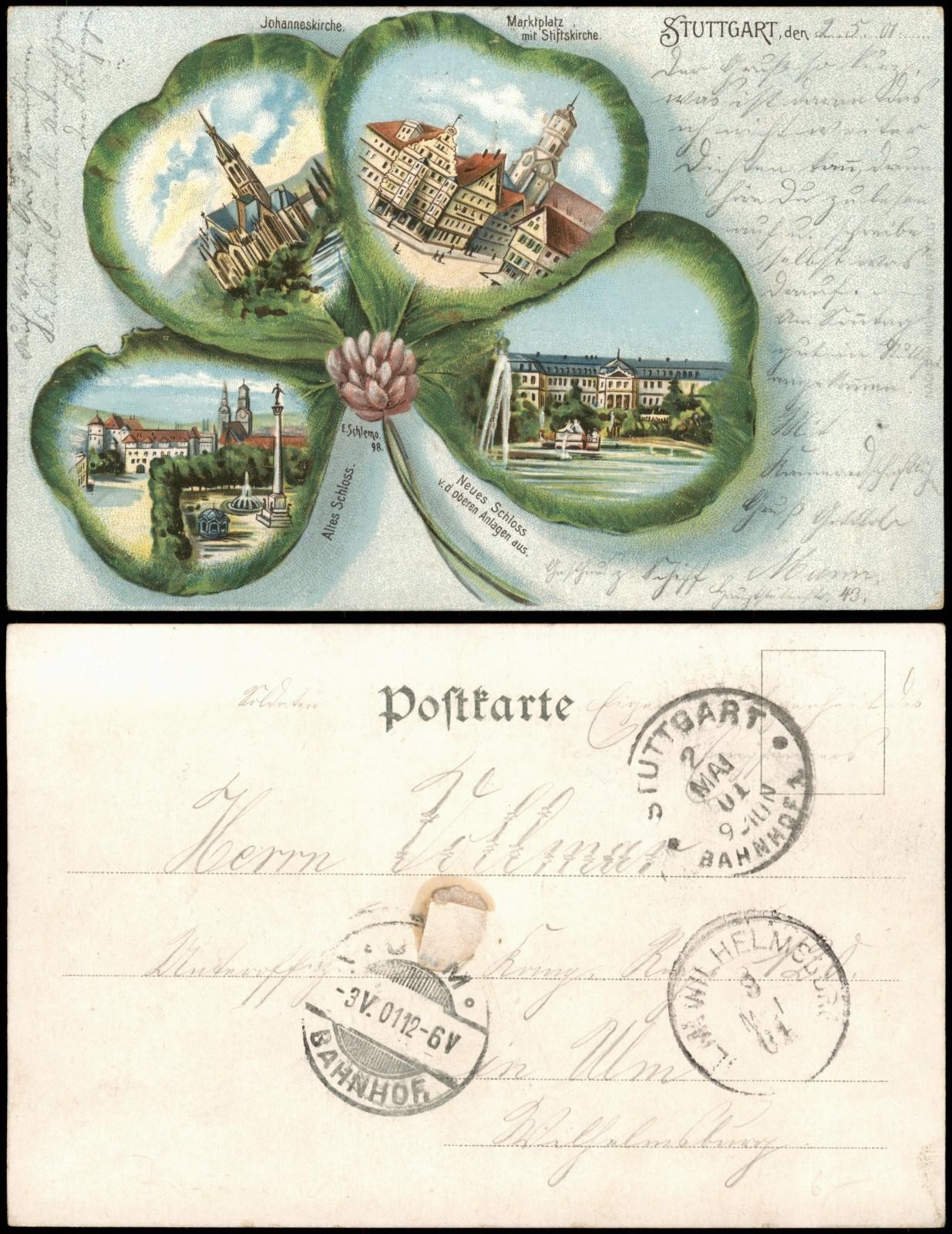 Postcard Stuttgart marketplace, church, castle - shamrock litho 1904