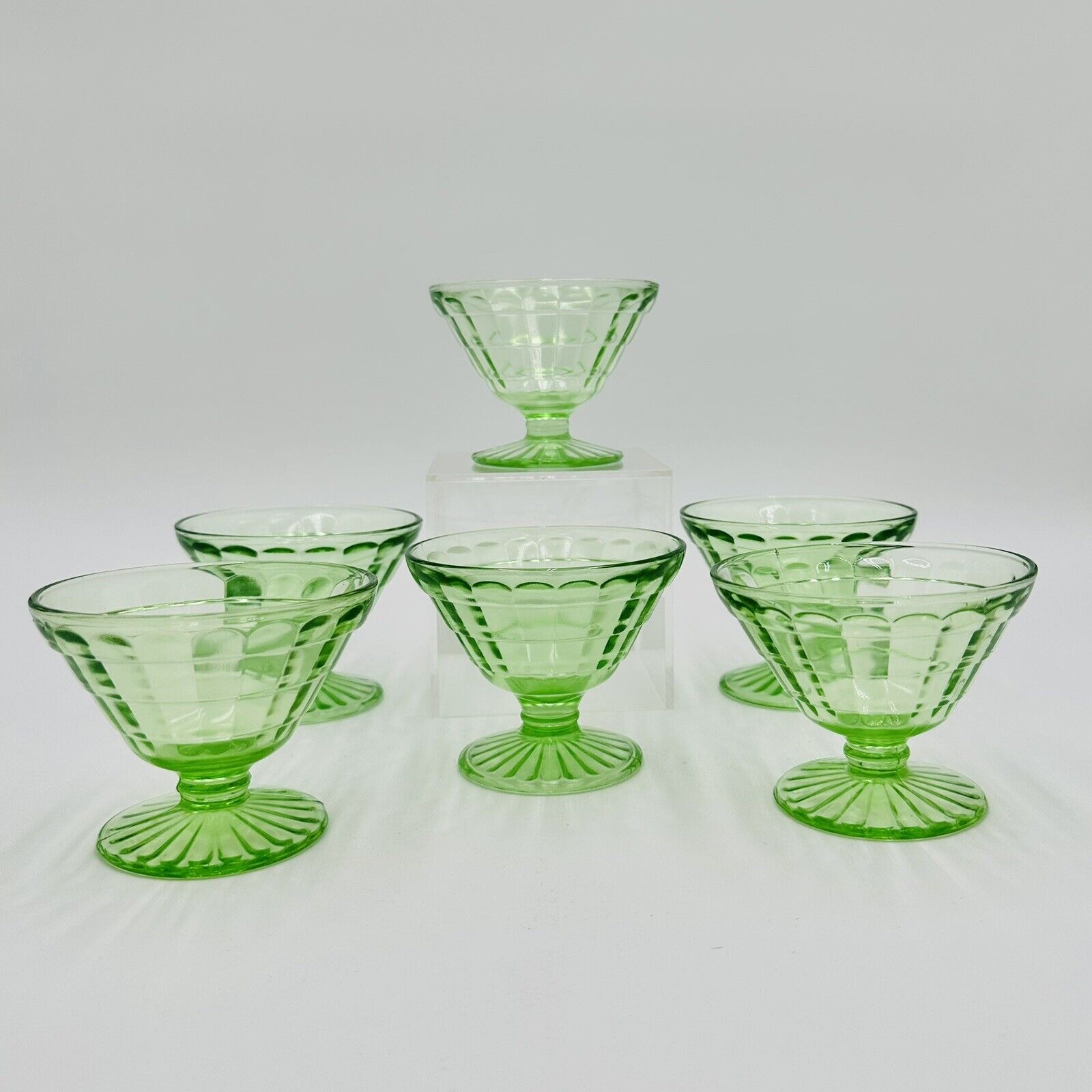 6 Uranium Glass Sundae Dishes Cups Footed Vintage Green Glass 3 inch tall