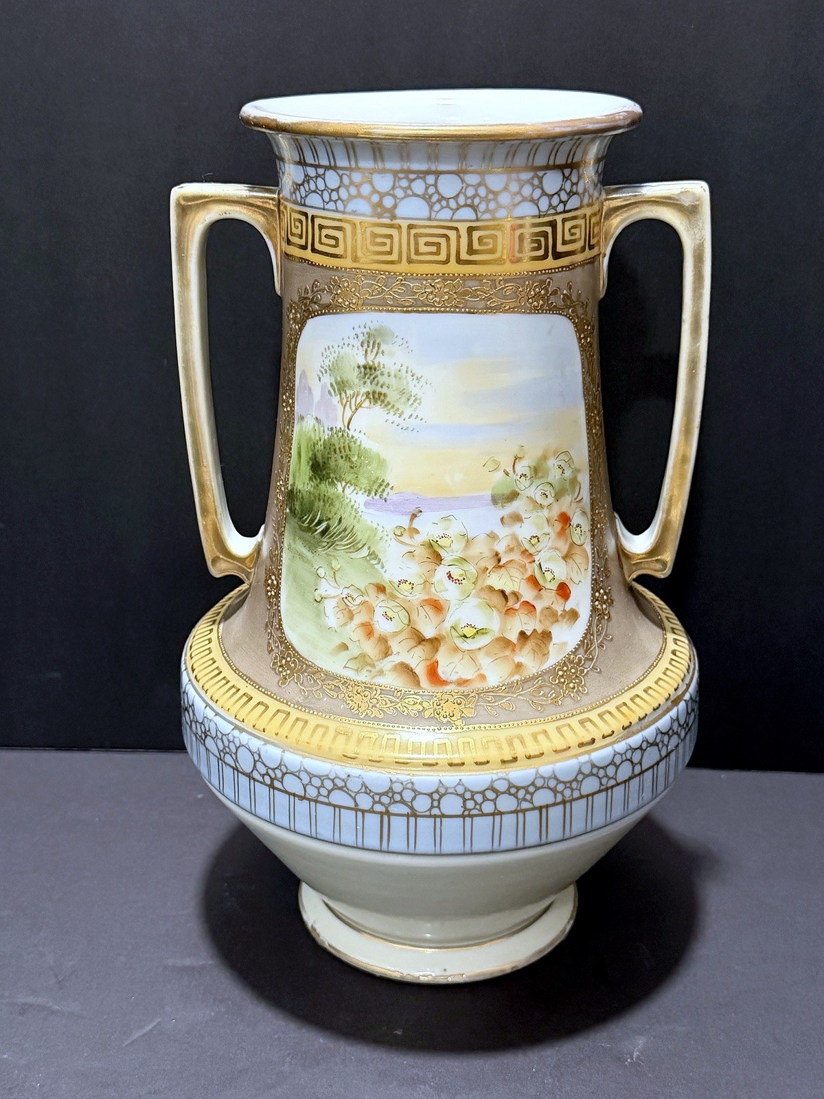 Antique Nippon Moriage Vase Twin Handle 12\