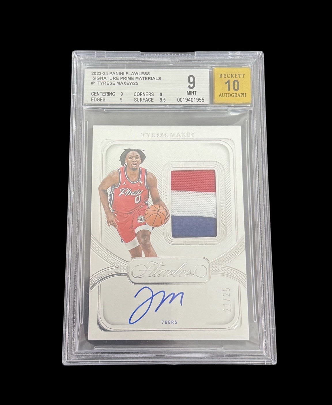 2023-24 Panini Flawless Tyrese Maxey spm Auto Patch 21/25 BGS Mint9 Auto10 POP 1