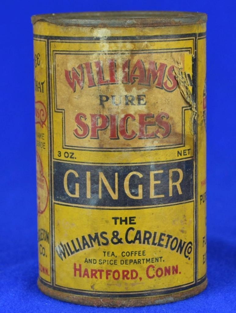 VINTAGE WILLIAM\'S PURE SPICES GINGER ADVERTISING TIN - WILLIAM\'S & CARLETON CO.