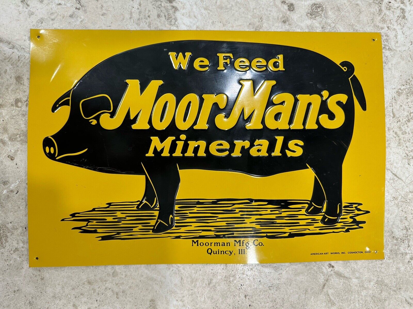 Vintage MOOR MANS Feed Seed Pig Tin Sign Minerals Farm Hog Cow Embossed 14x9.25