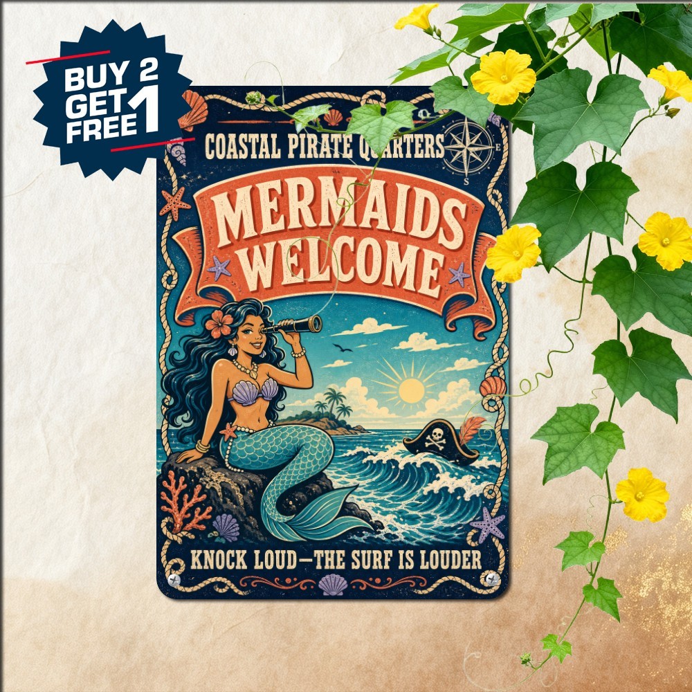 A Pirate Lives Here With A Beautiful Mermaid Beach Art Retro Metal Tin Sign