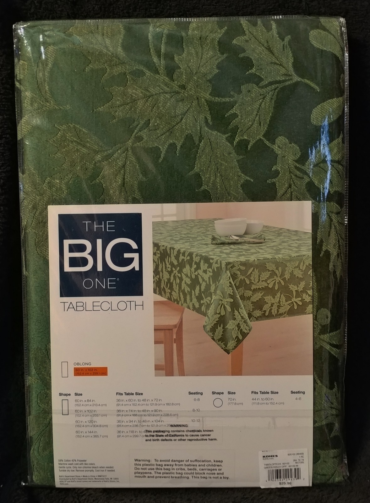 FREE  Big One Rich Hunter Green Leaves on Green Oblong Tablecloth 60 x 102 NIP