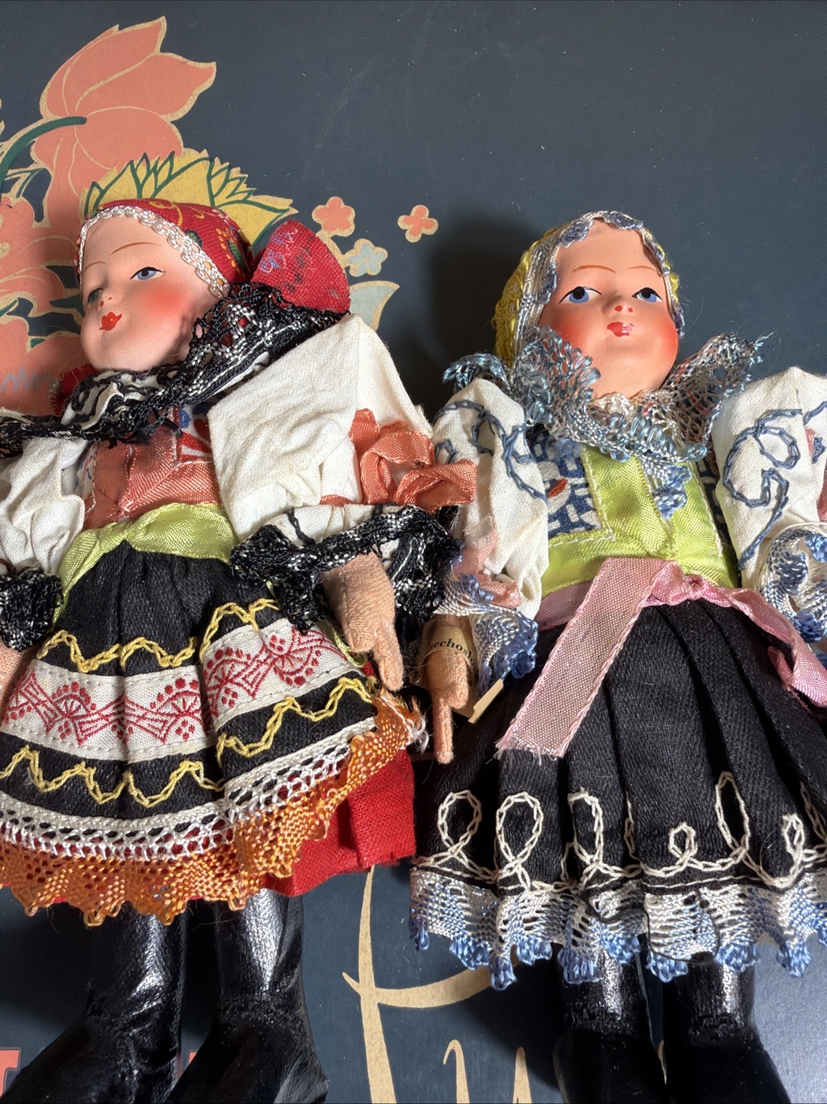 Vintage Czechoslovakia Folk Costume Dolls 7” Pair Traditional Dress Tagged