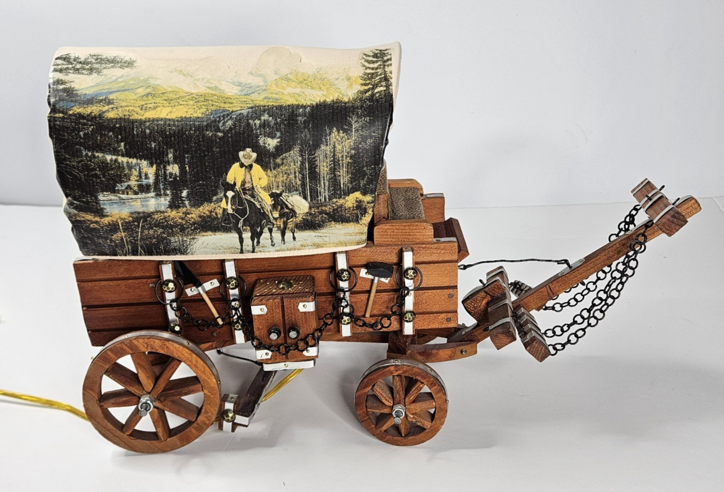 Vintage 60s Handcrafted Wood Pioneer Western Covered Wagon Lamp