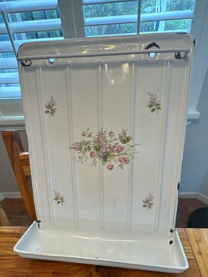 Vintage Enamelware Floral Ladle Rack Large Drip Catcher Wall Accent Cottage