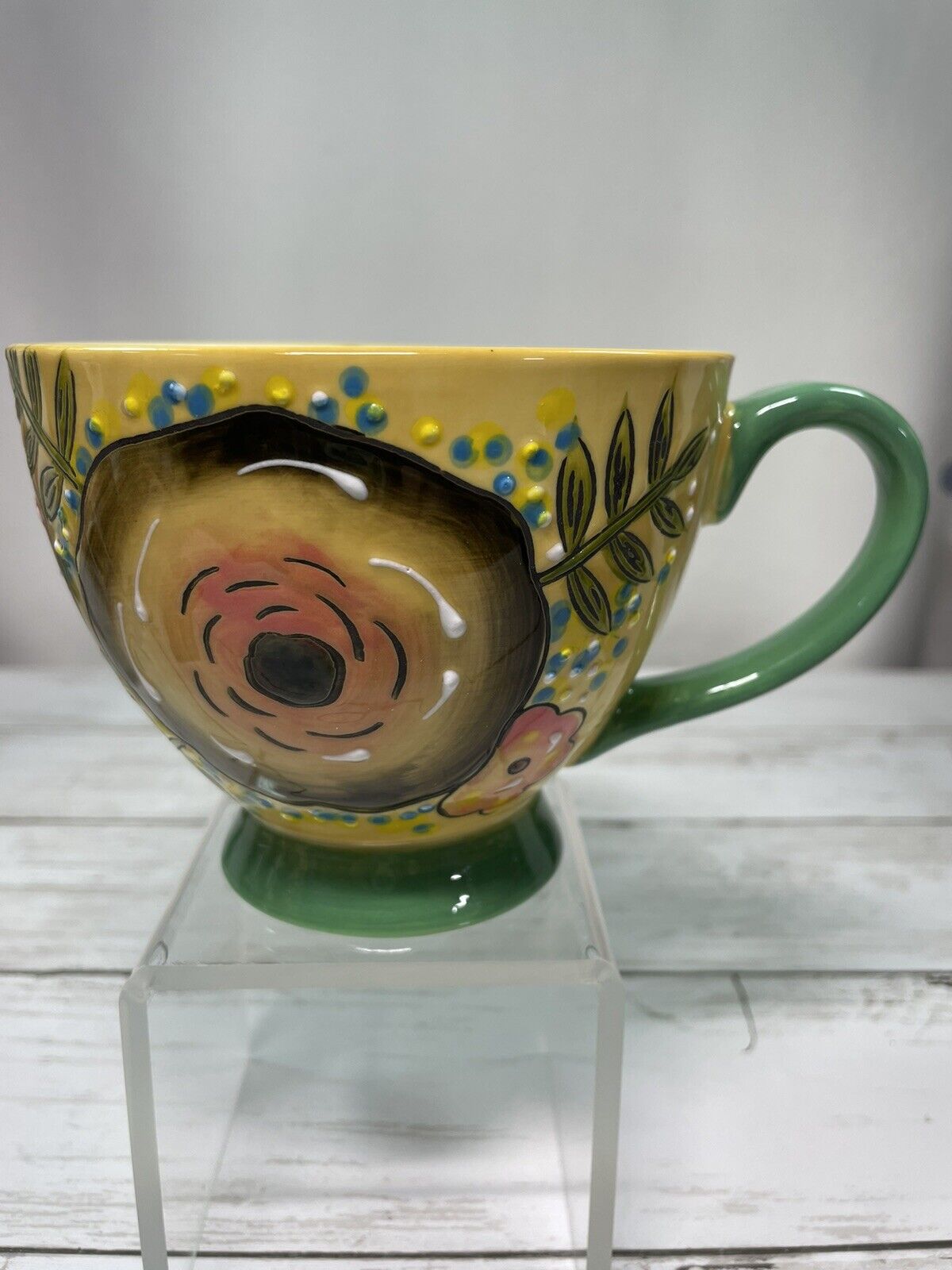 Potter's Studio Floral Ceramic Coffee or Tea Mug Cup 12 oz. Yellow w/Green - NEW