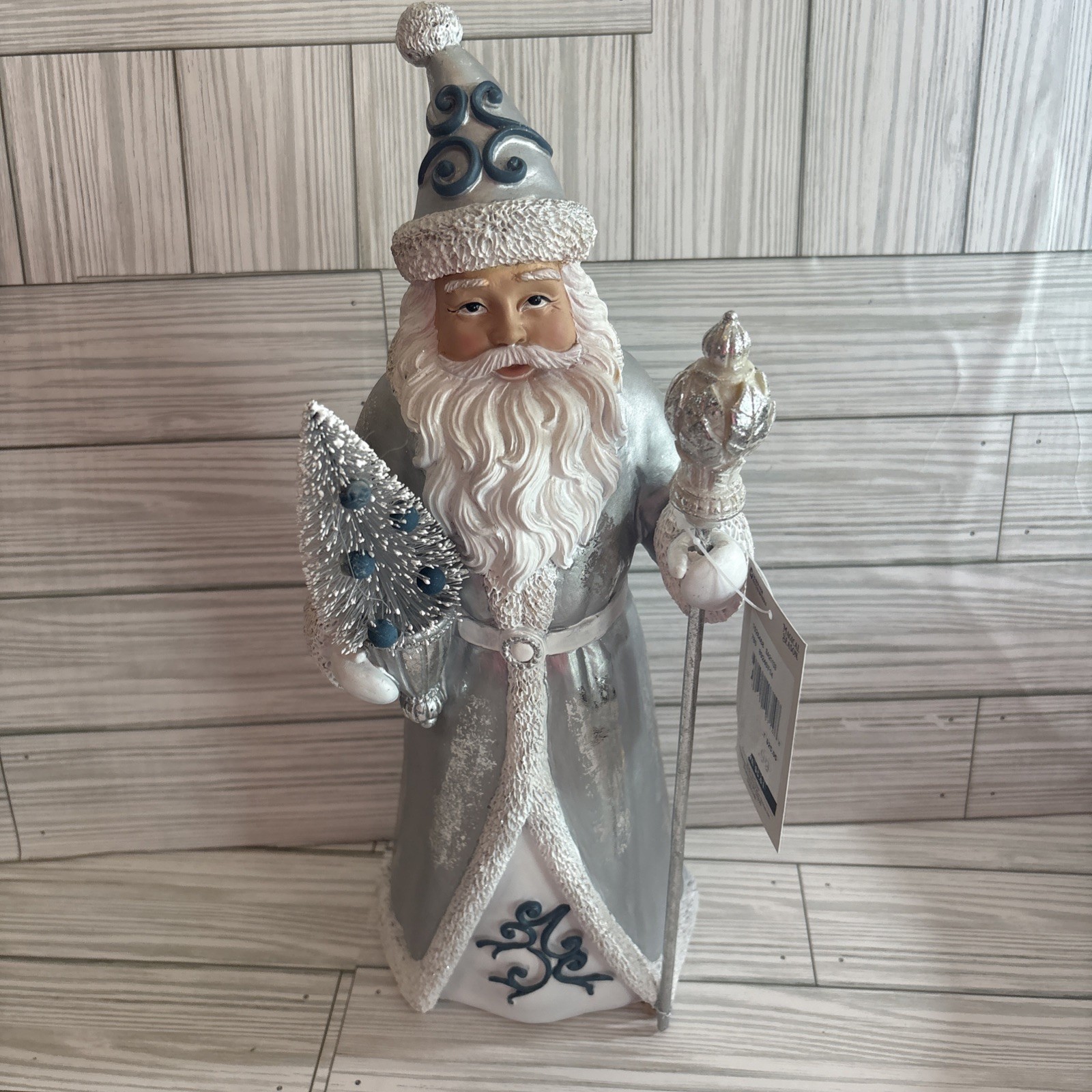 Santa Figurine Silver And Blue Robe Holding Tree & Scepter NEW