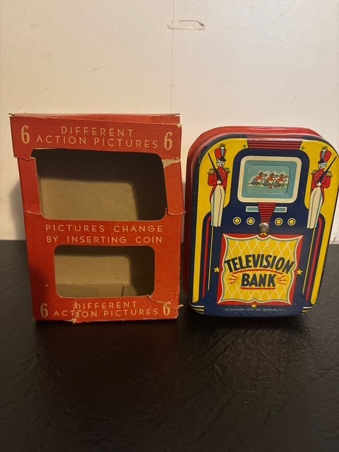 Vintage 1950s Tin Litho Television Bank w/ Original Box Newark NJ Mechanical TV