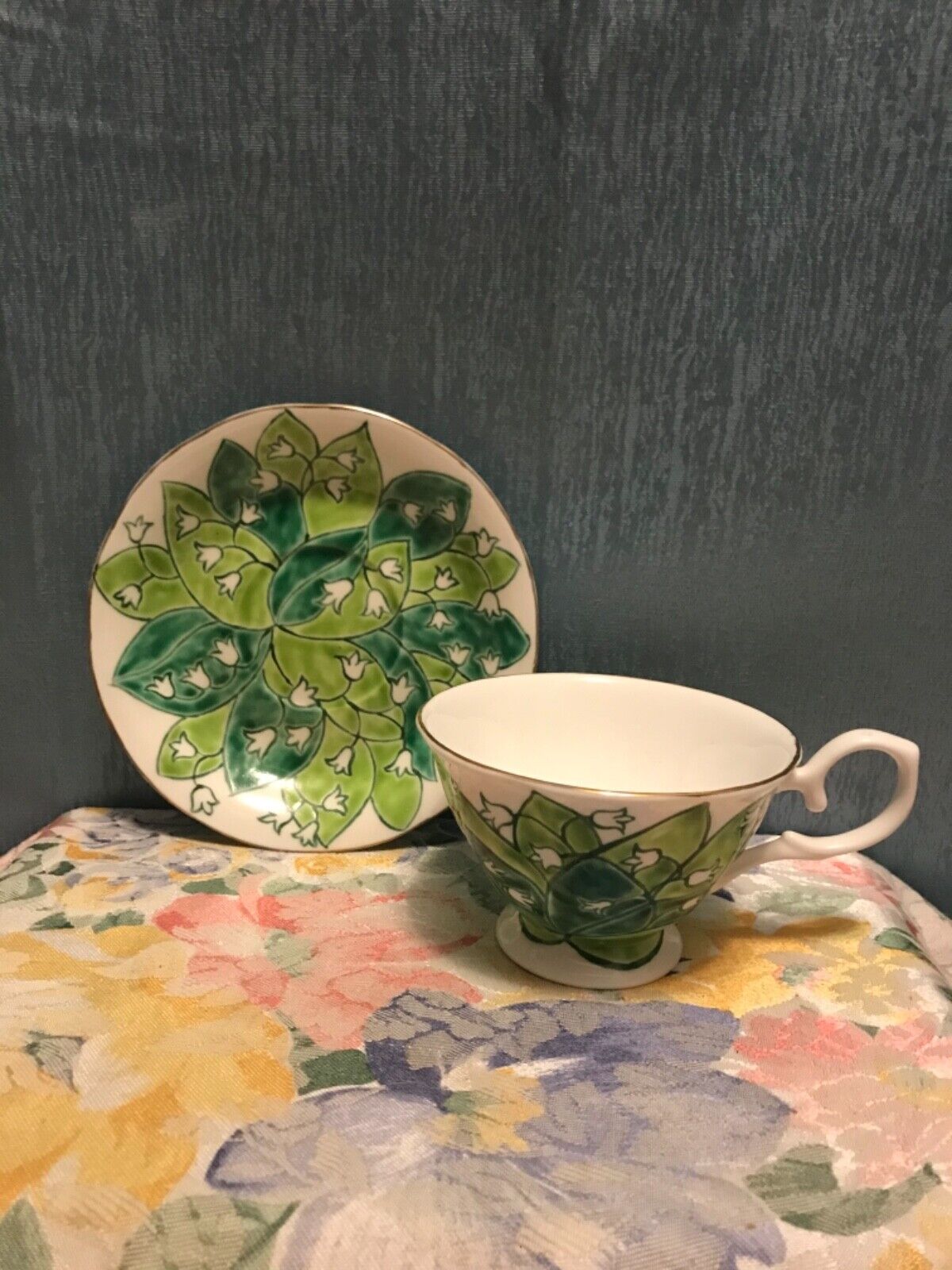 RARE KAROLINA LEHMAN HAND PAINTED LILY OF THE VALLEY TEACUP & SAUCER 
