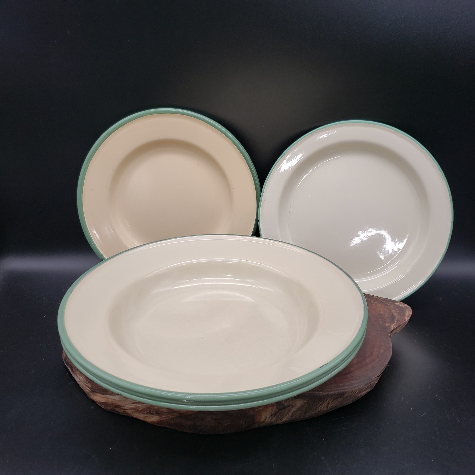 Vintage Kockums Sweden Enamelware 6 Pc Set 3 Bowls 3 Plates Green Rim