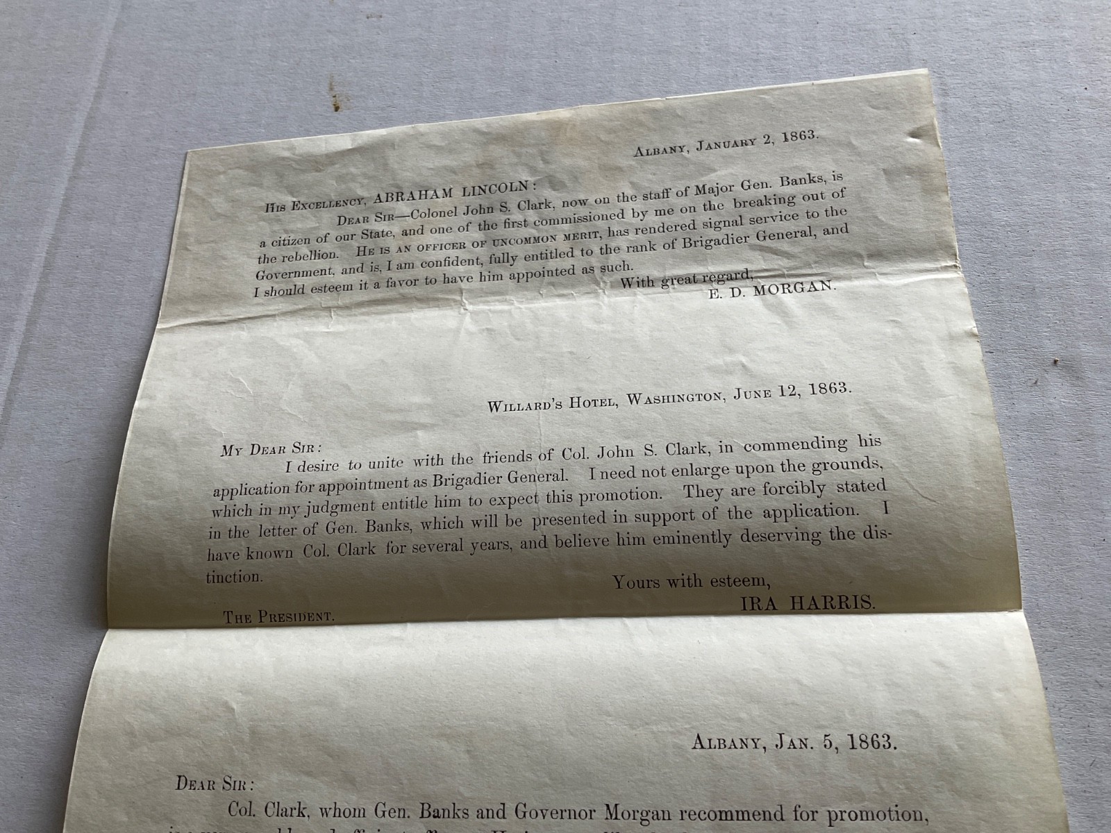 CIVIL WAR TO PRESIDENT LINCOLN PETITION PROMOTE COL JOHN CLARK 1863 BREVET GEN. CIVIL WAR TO PRESIDENT LINCOLN PETITION PROMOTE COL JOHN CLARK 1863 BREVET GEN.