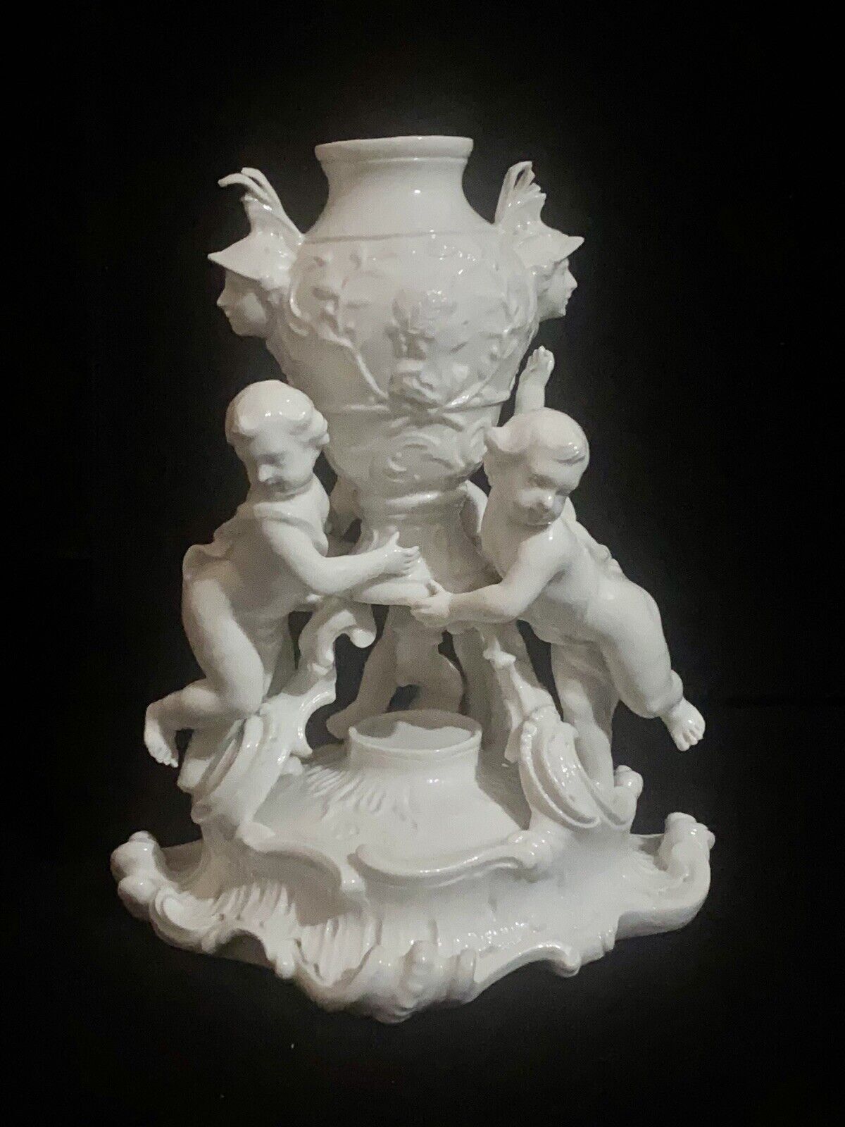 Antique Nymphenburg Porcelain Figural Sculpture, Cherubs Gathered Around An Urn