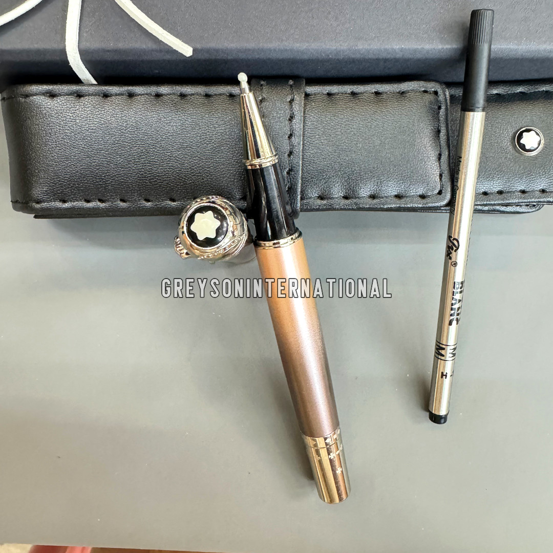 HOT MB Champagne Satin Silver Tone Trim Rollerball Pen w/ Pouch & Refill HOT MB Champagne Satin Silver Tone Trim Rollerball Pen w/ Pouch & Refill